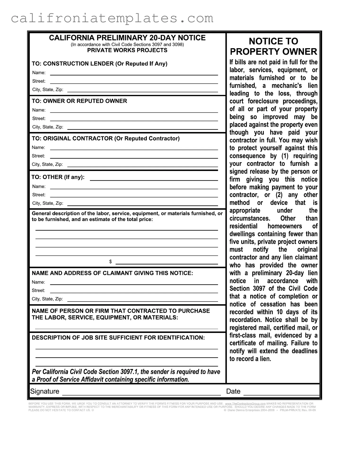 Fill Out a Valid 20 Day Notice California Template