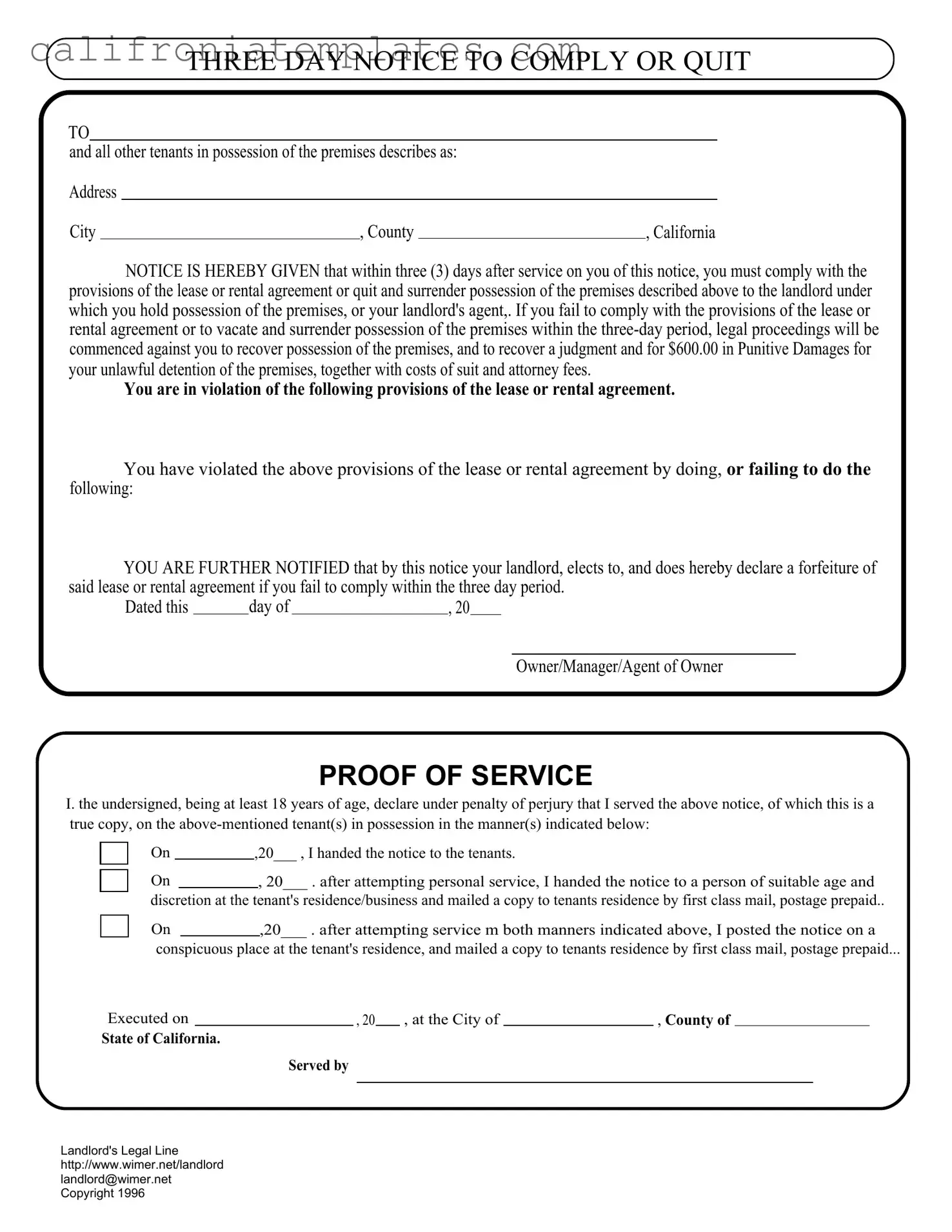 Fill Out a Valid 3 Day Quit Notice California Template