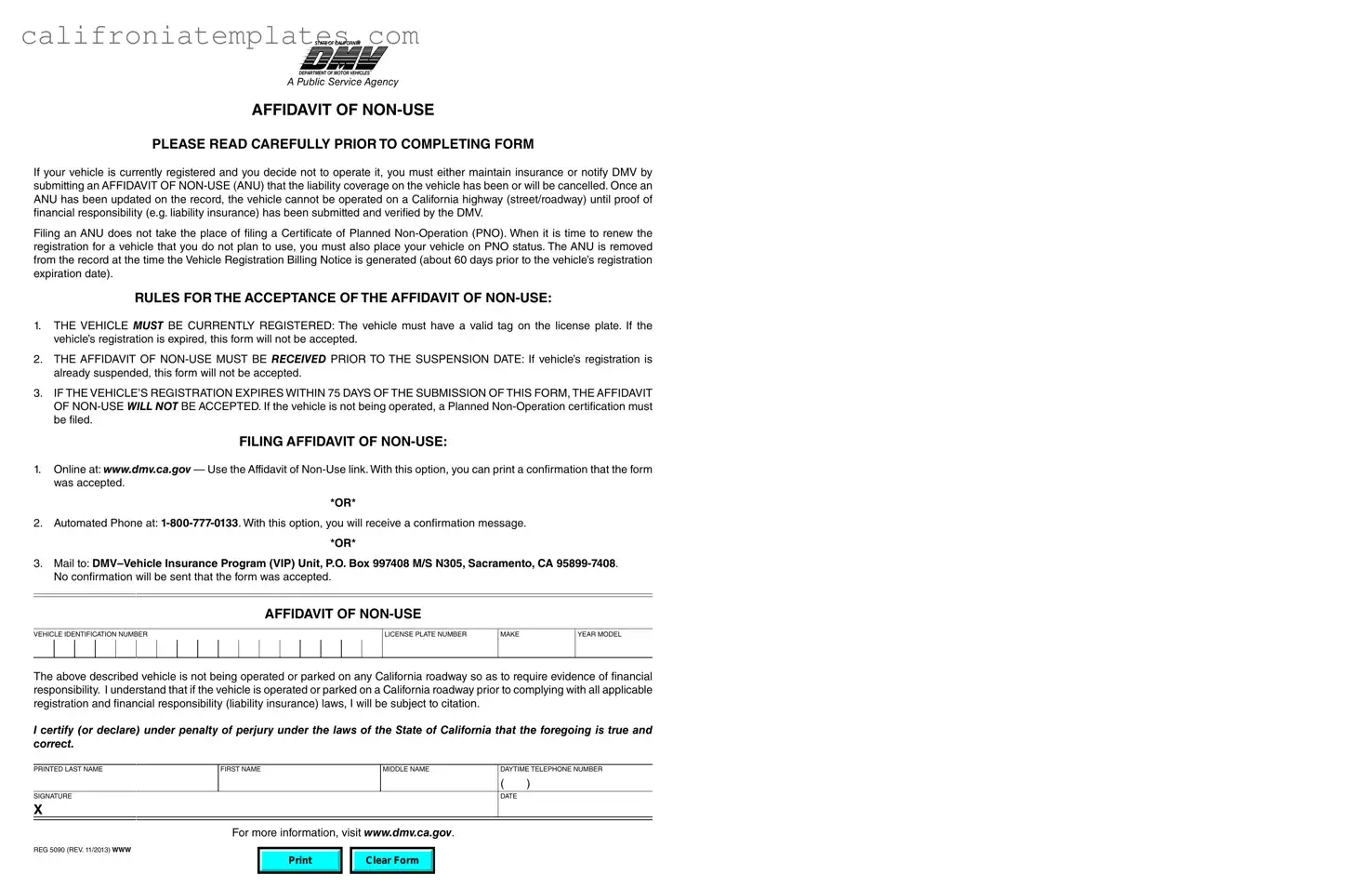 Fill Out a Valid California Affidavit of Non-Use REG 5090 Template