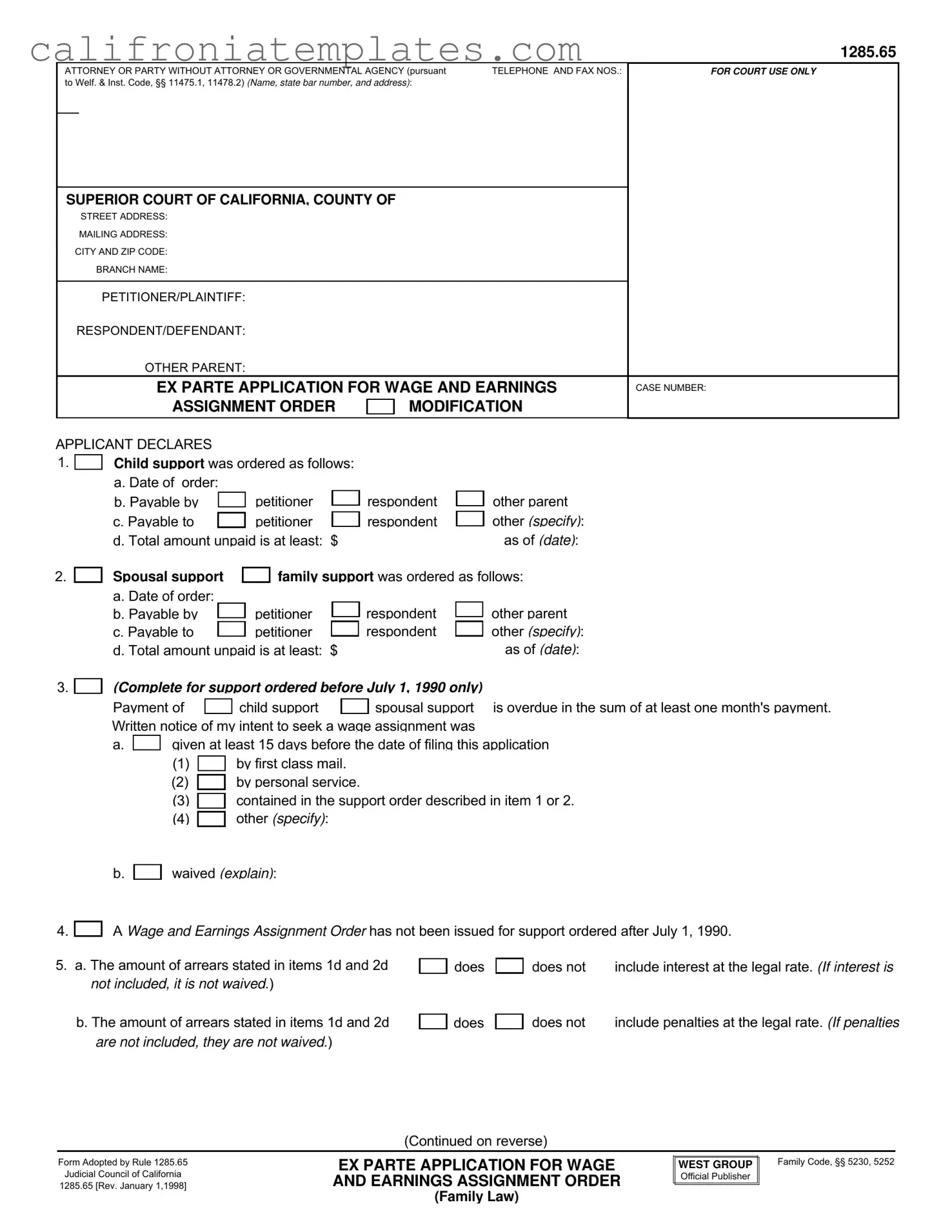 Fill Out a Valid California 1285 65 Template
