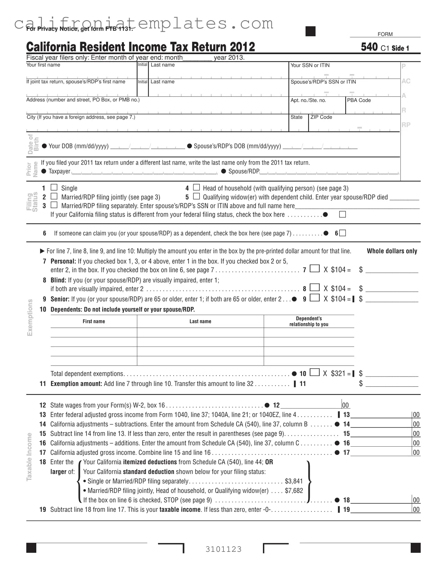 Fill Out a Valid California 540 C1 Template