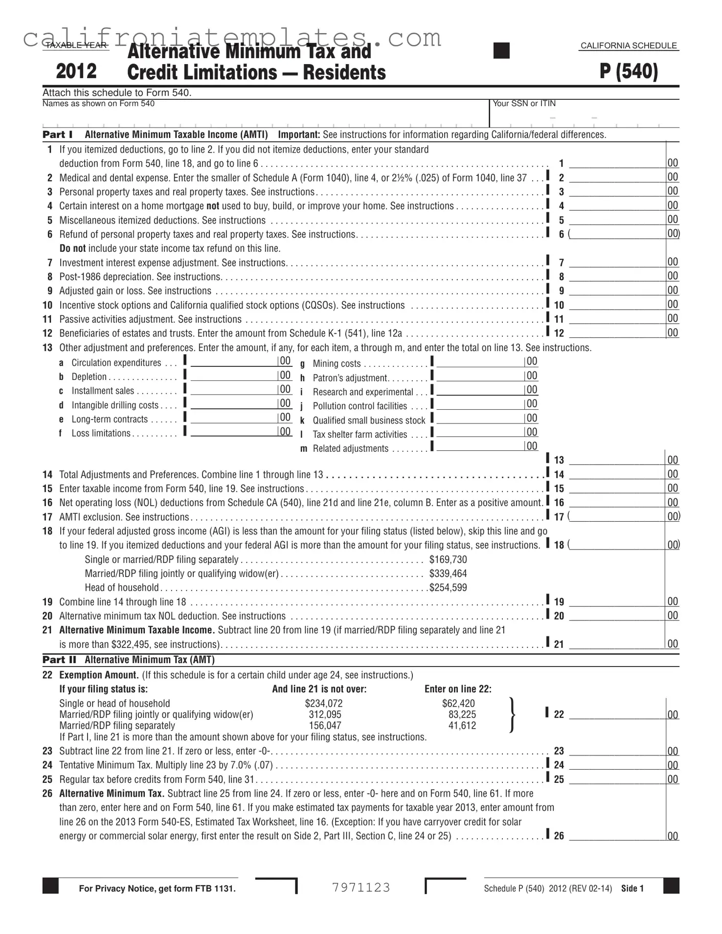 Fill Out a Valid California 540 Schedule P Template