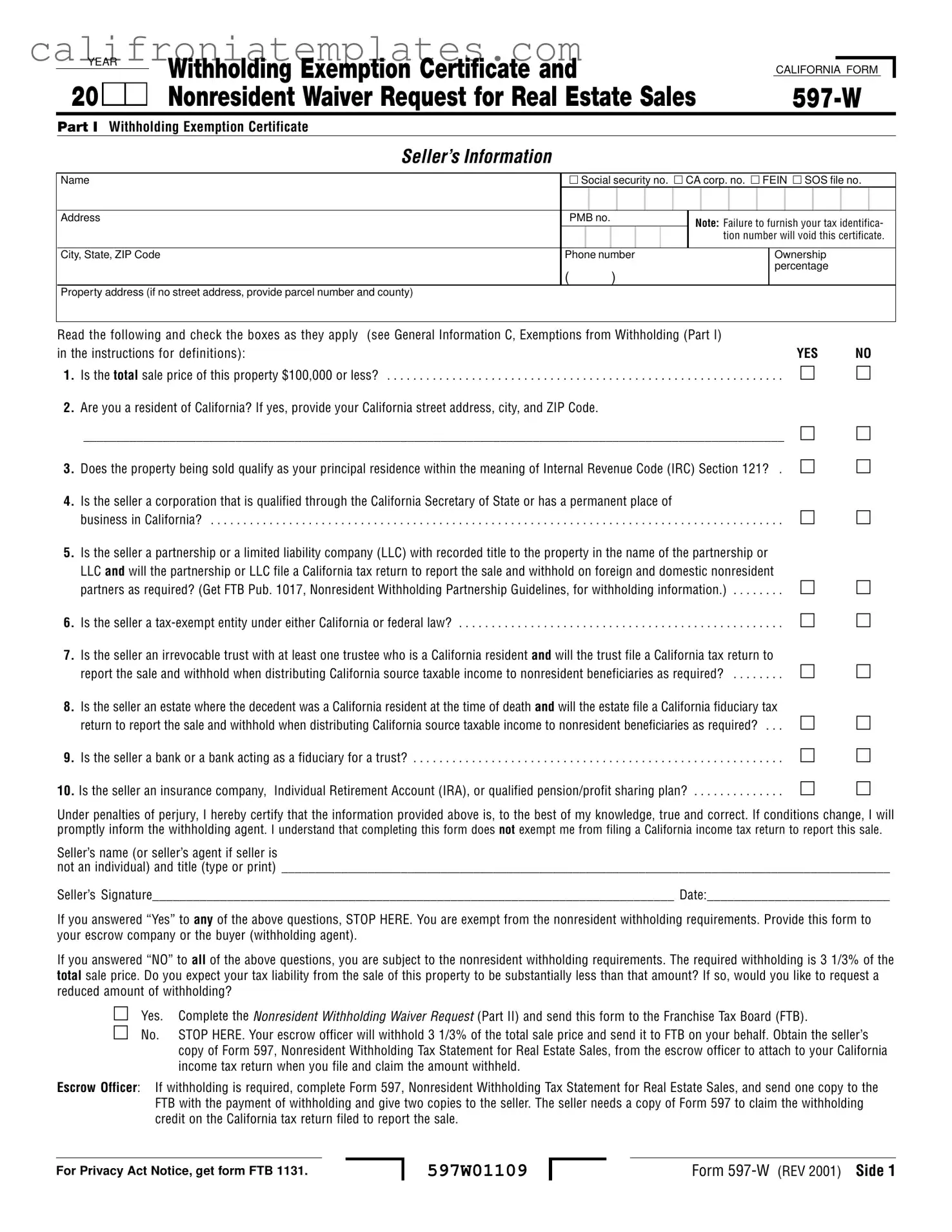 Fill Out a Valid California 597 W Template