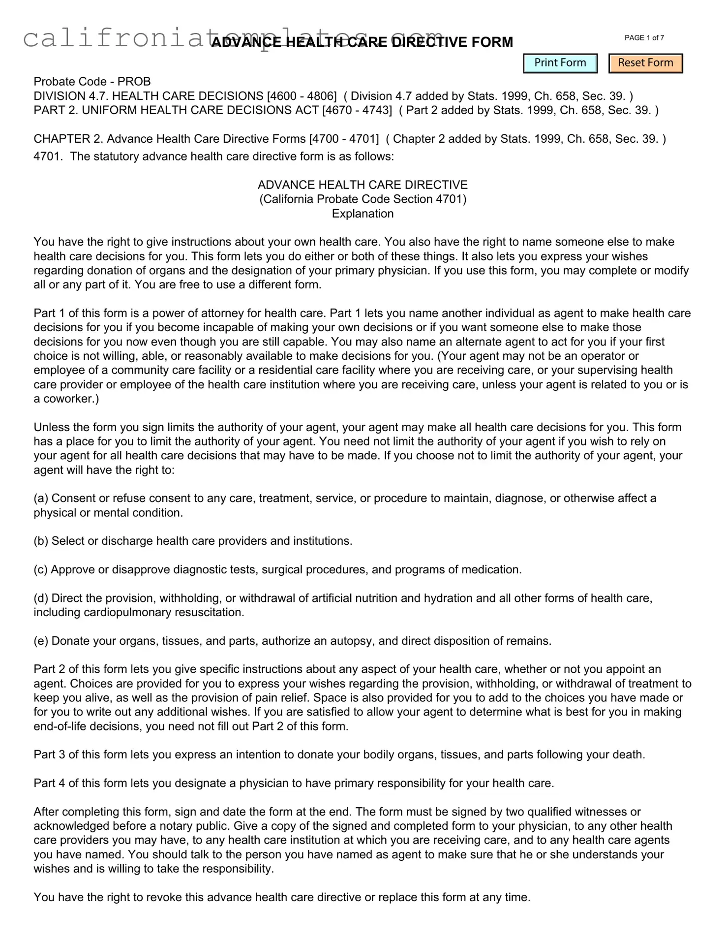 Fill Out a Valid California Advanced Health Care Directive Template