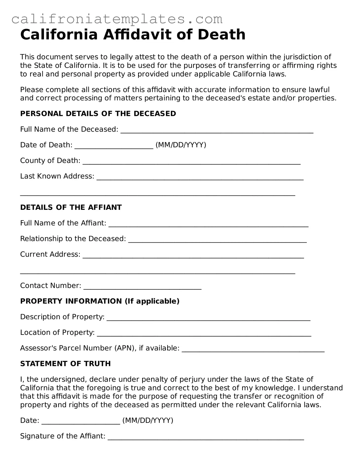 Fillable  Affidavit of Death Template for California