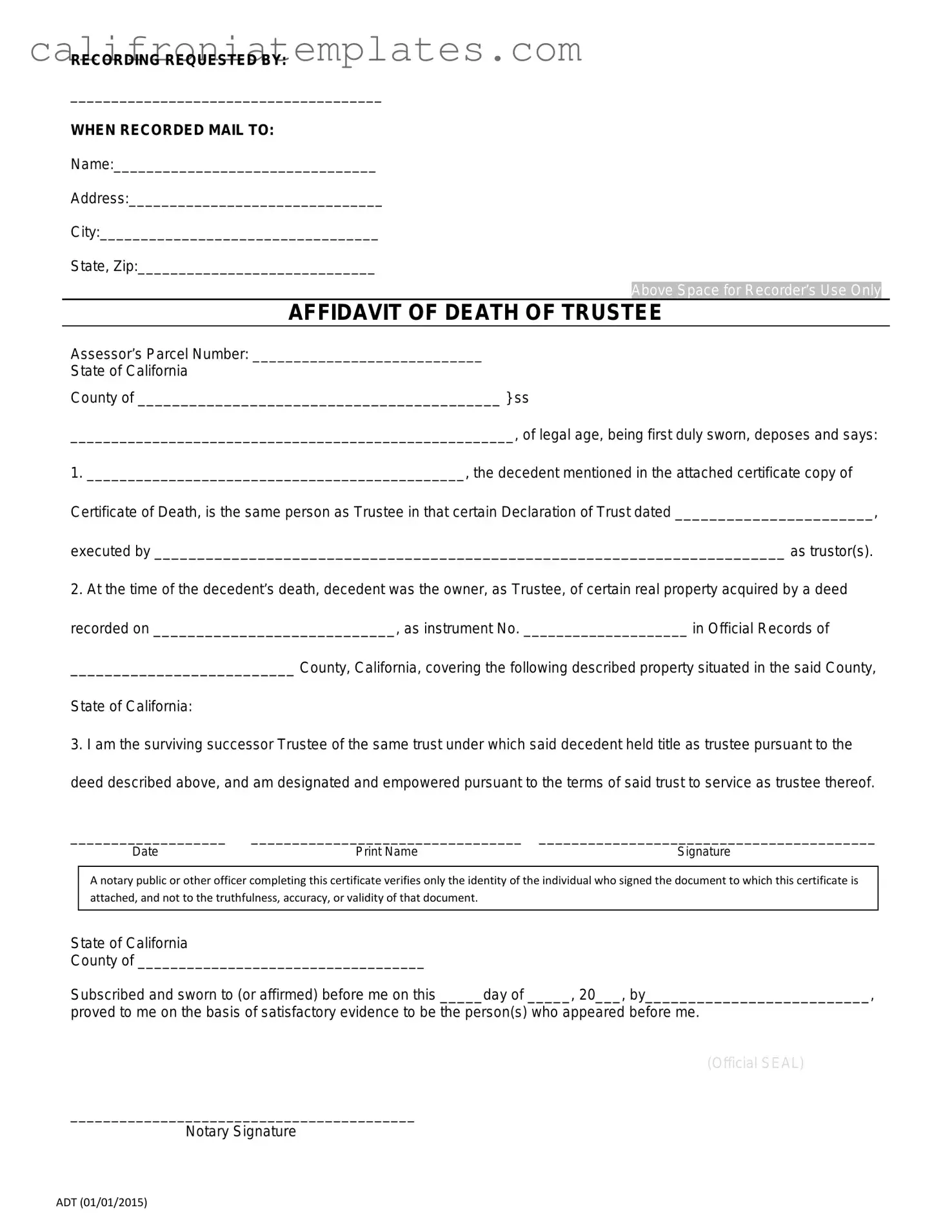 Fill Out a Valid California Affidavit of Death of a Trustee Template