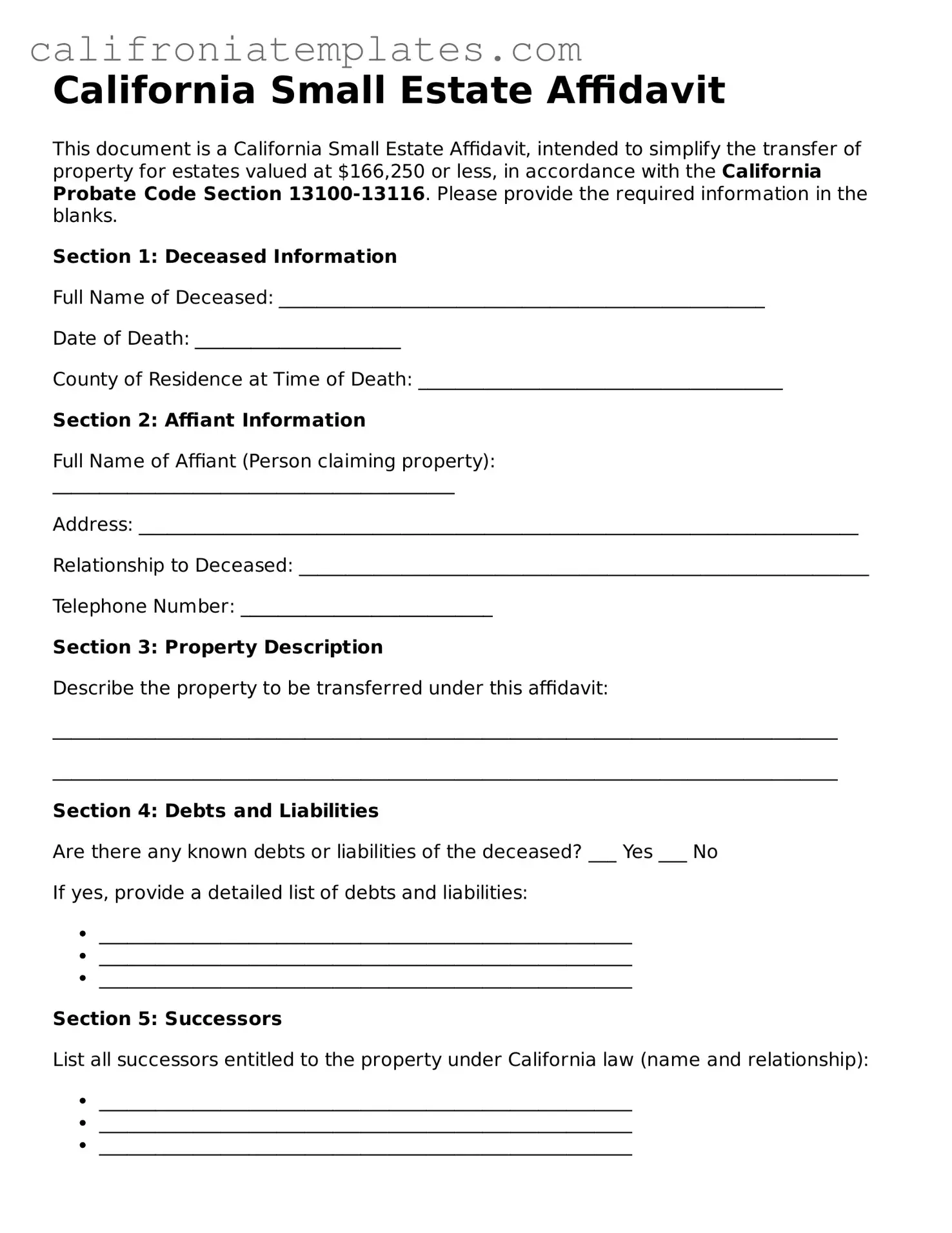 Fillable  Small Estate Affidavit Template for California