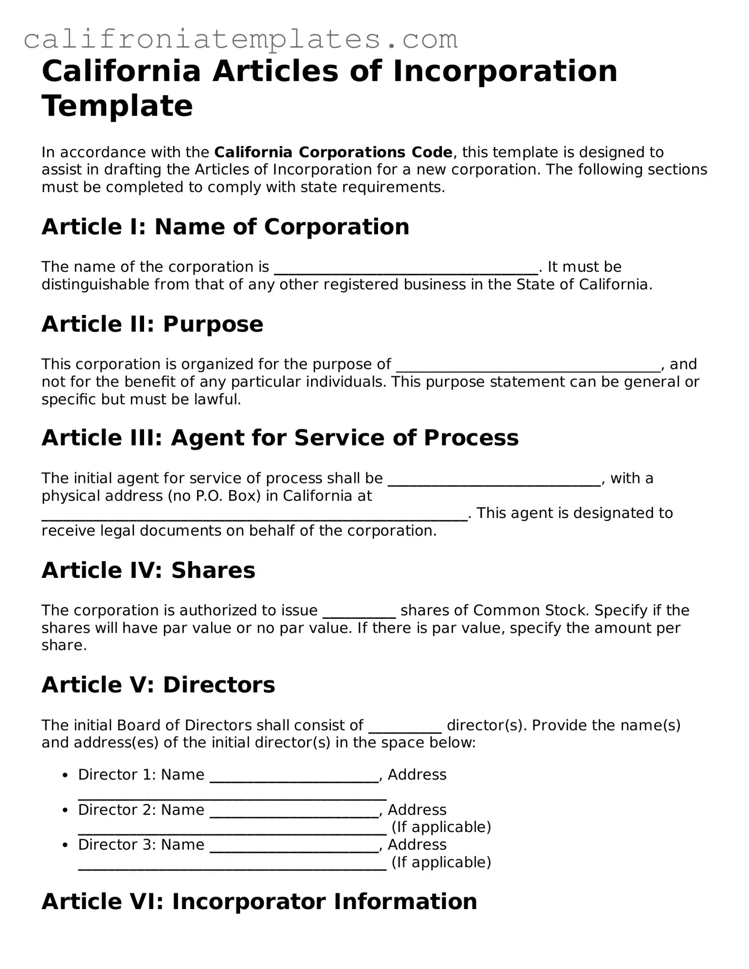 Fillable  Articles of Incorporation Template for California