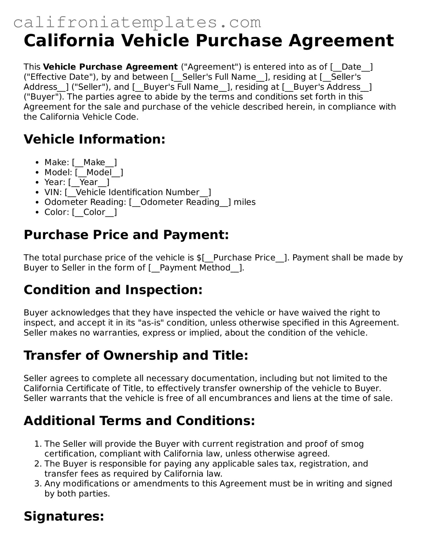Fillable  Vehicle Purchase Agreement Template for California