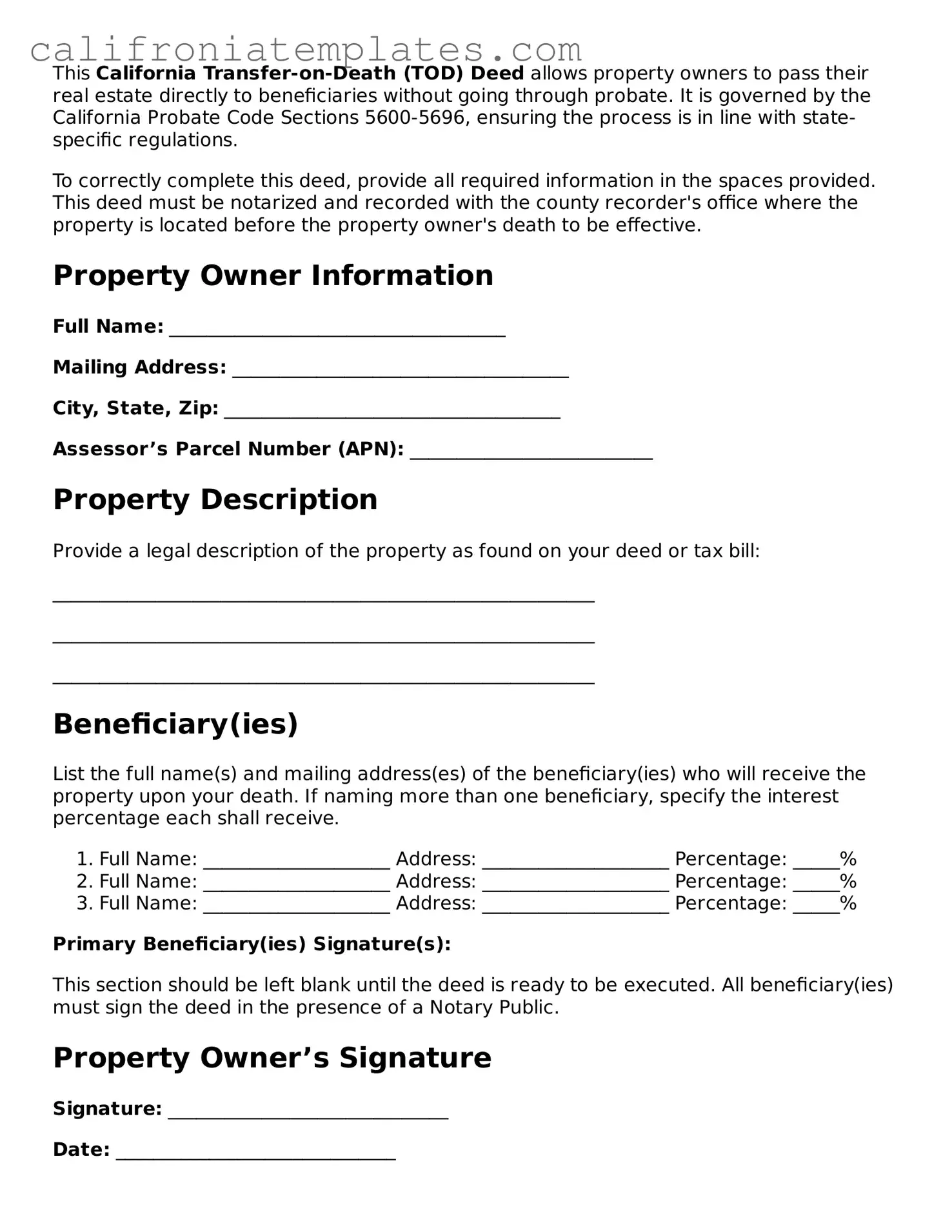 Fillable  Transfer-on-Death Deed Template for California