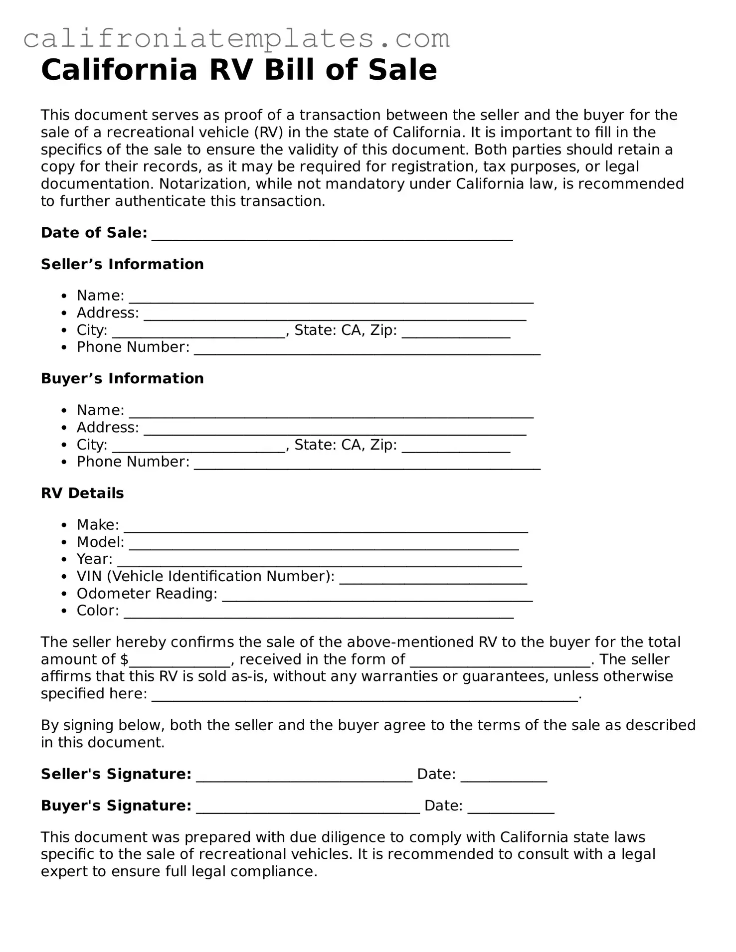Fillable  RV Bill of Sale Template for California