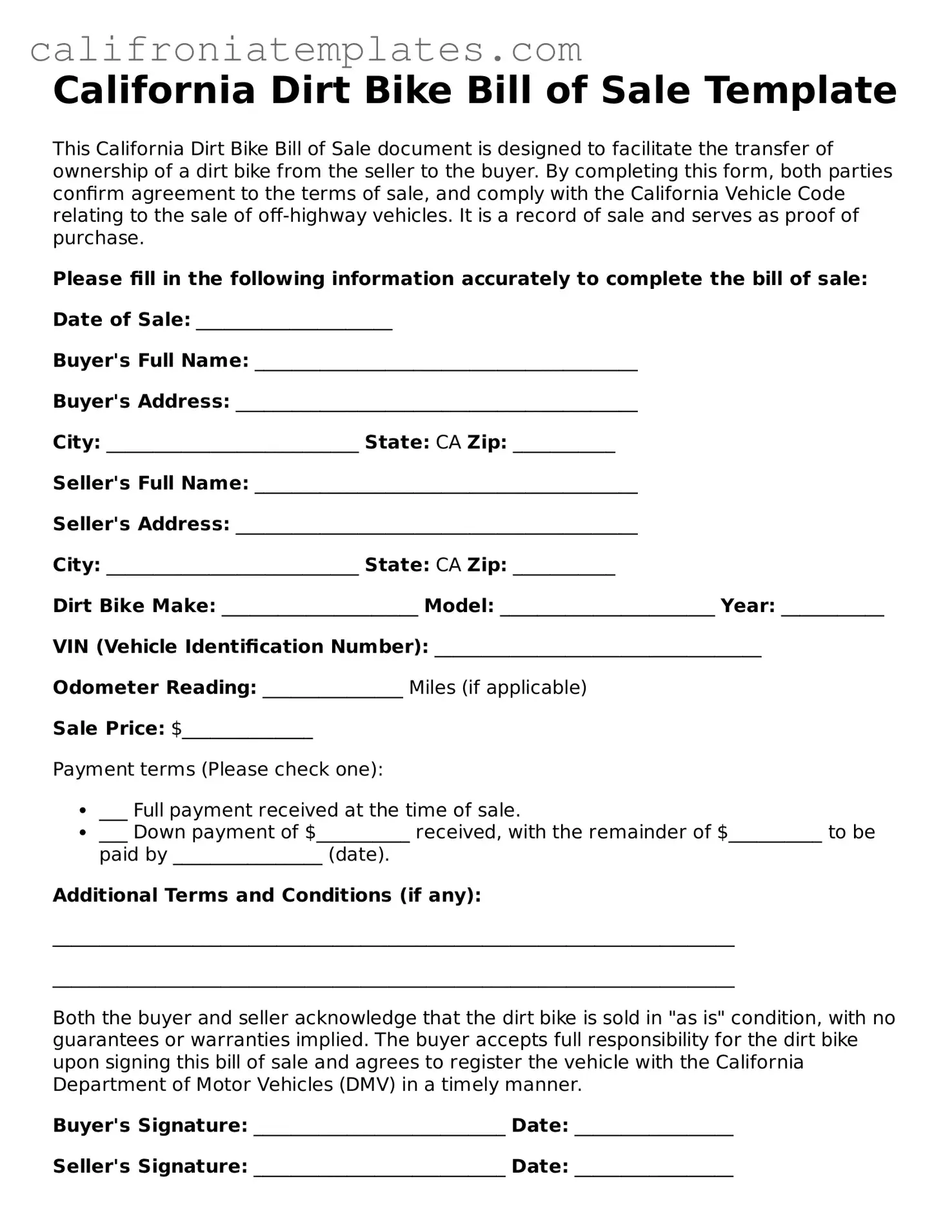 Fillable  Dirt Bike Bill of Sale Template for California