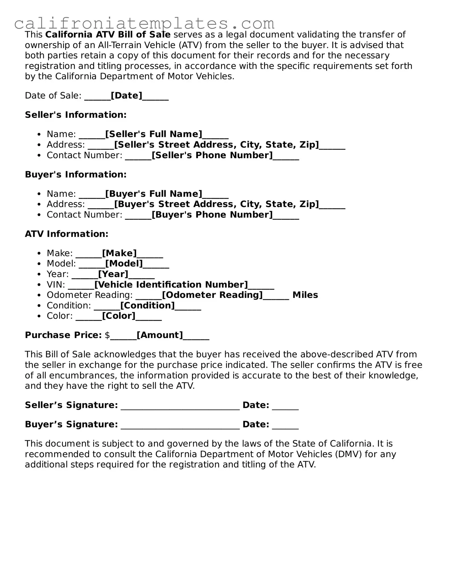 Fillable  ATV Bill of Sale Template for California