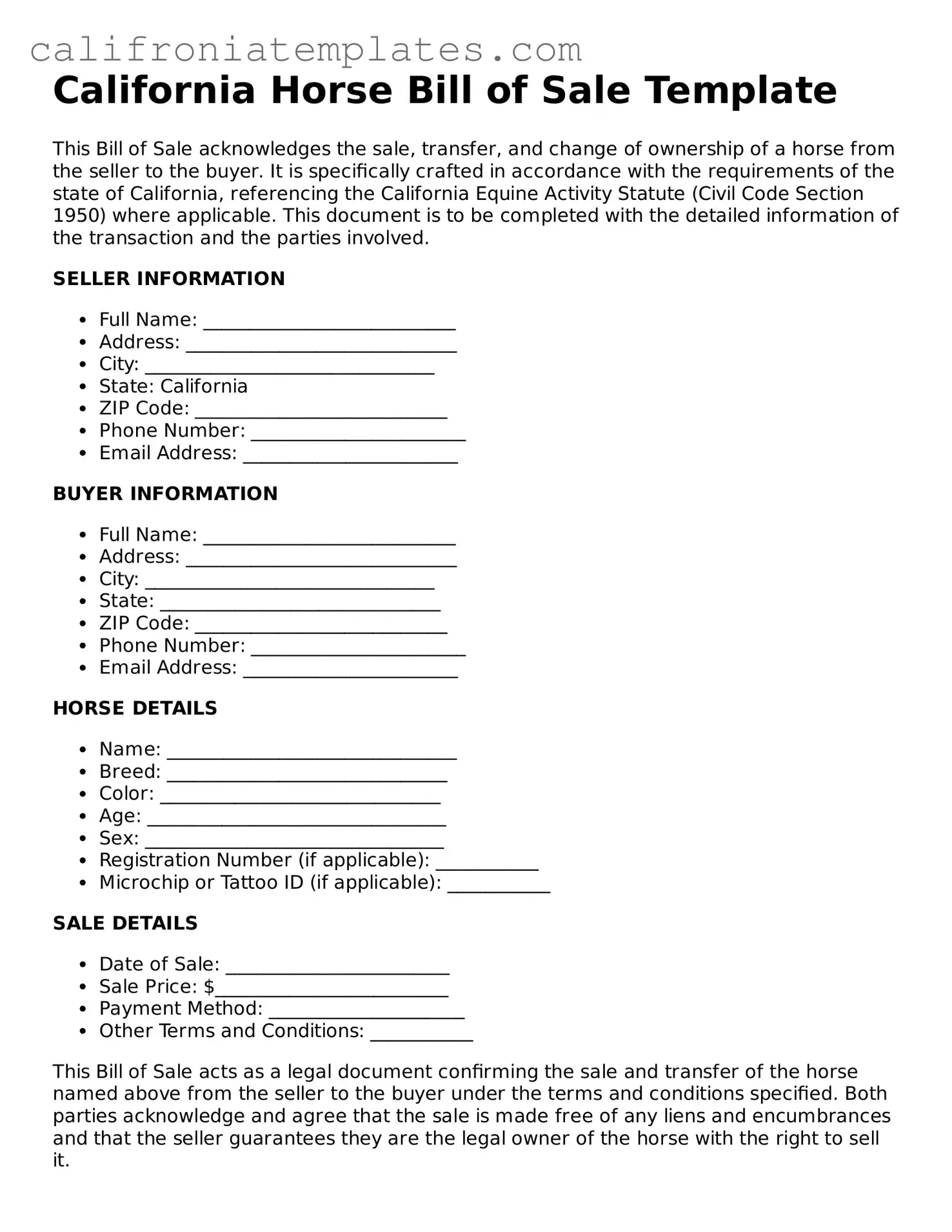 Fillable  Horse Bill of Sale Template for California
