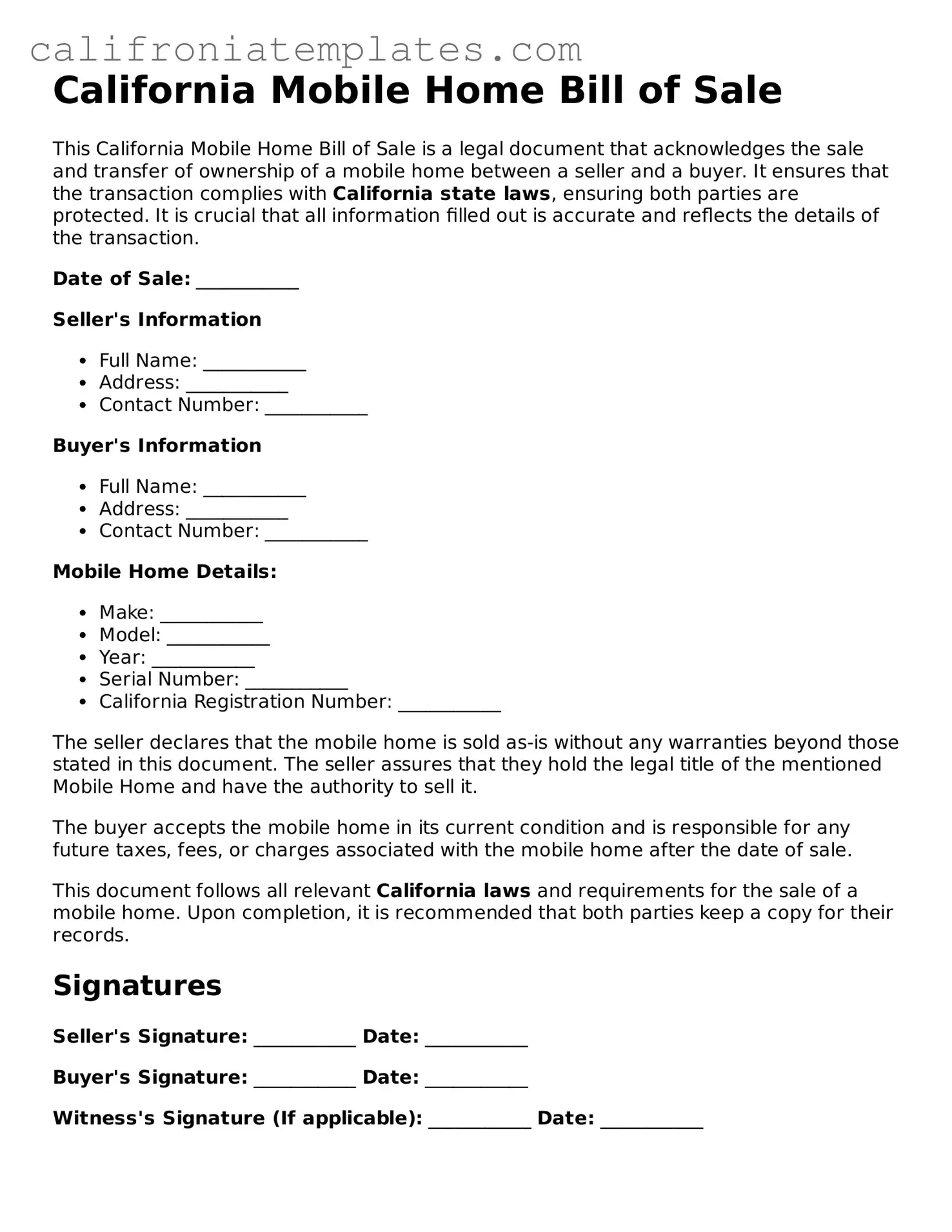 Fillable  Mobile Home Bill of Sale Template for California