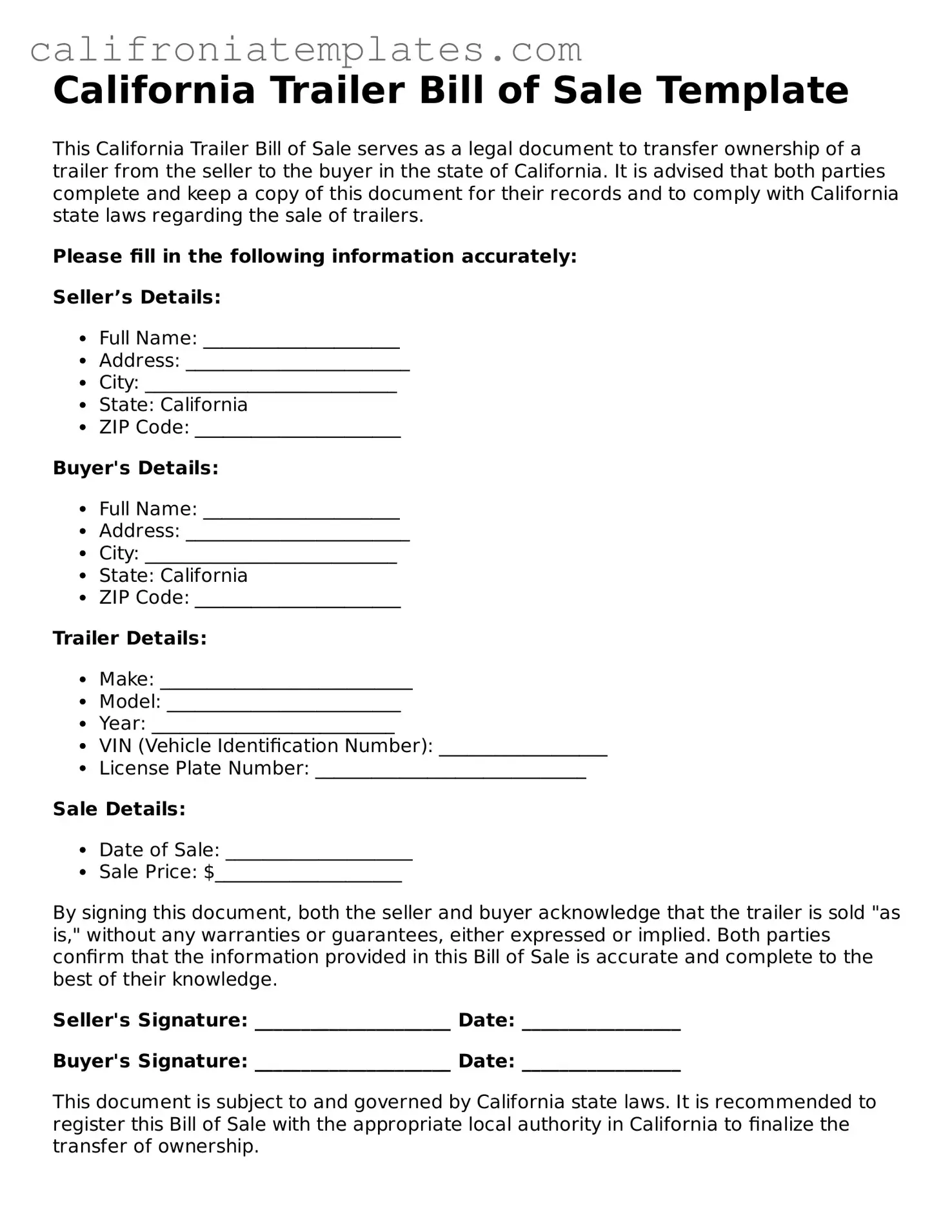 Fillable  Trailer Bill of Sale Template for California