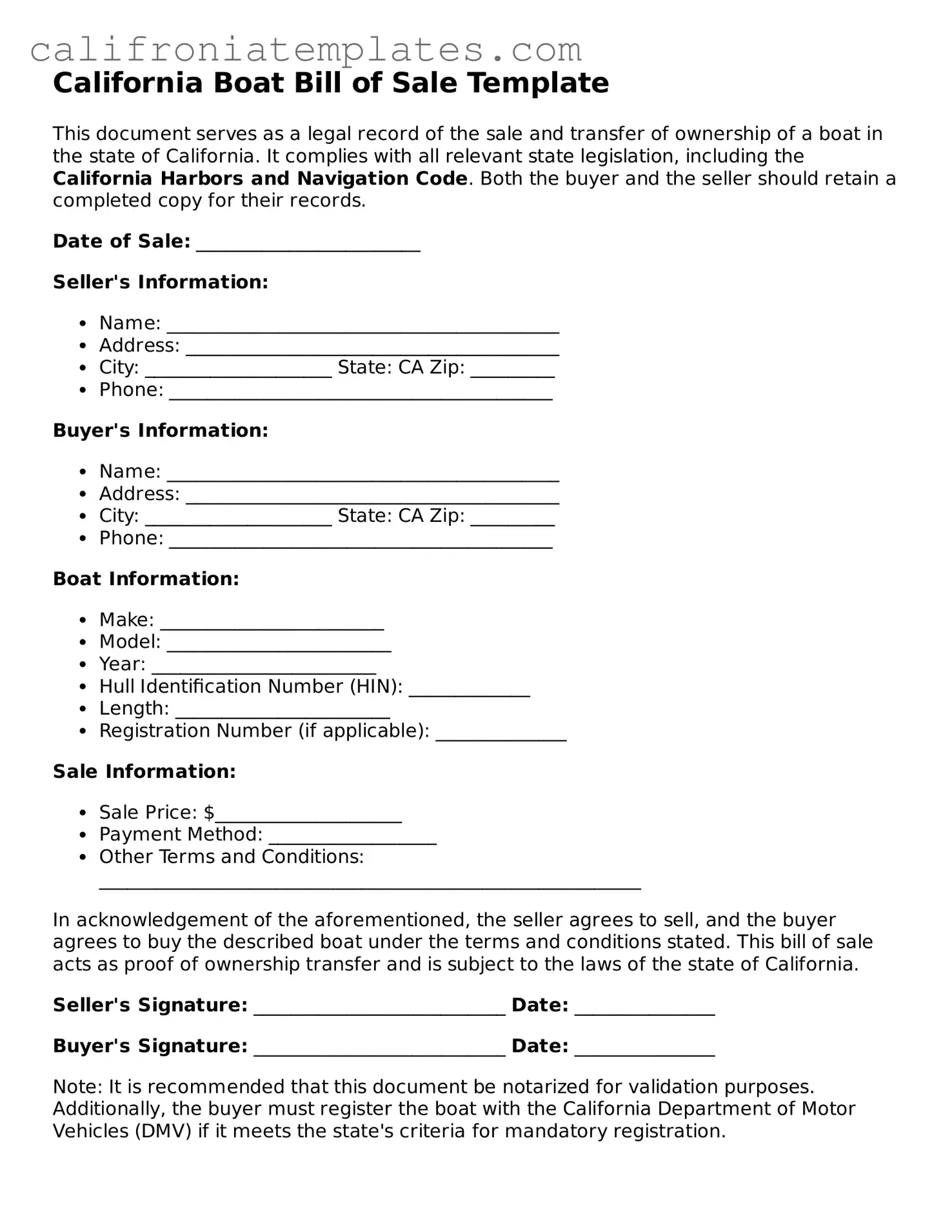 Fillable  Boat Bill of Sale Template for California