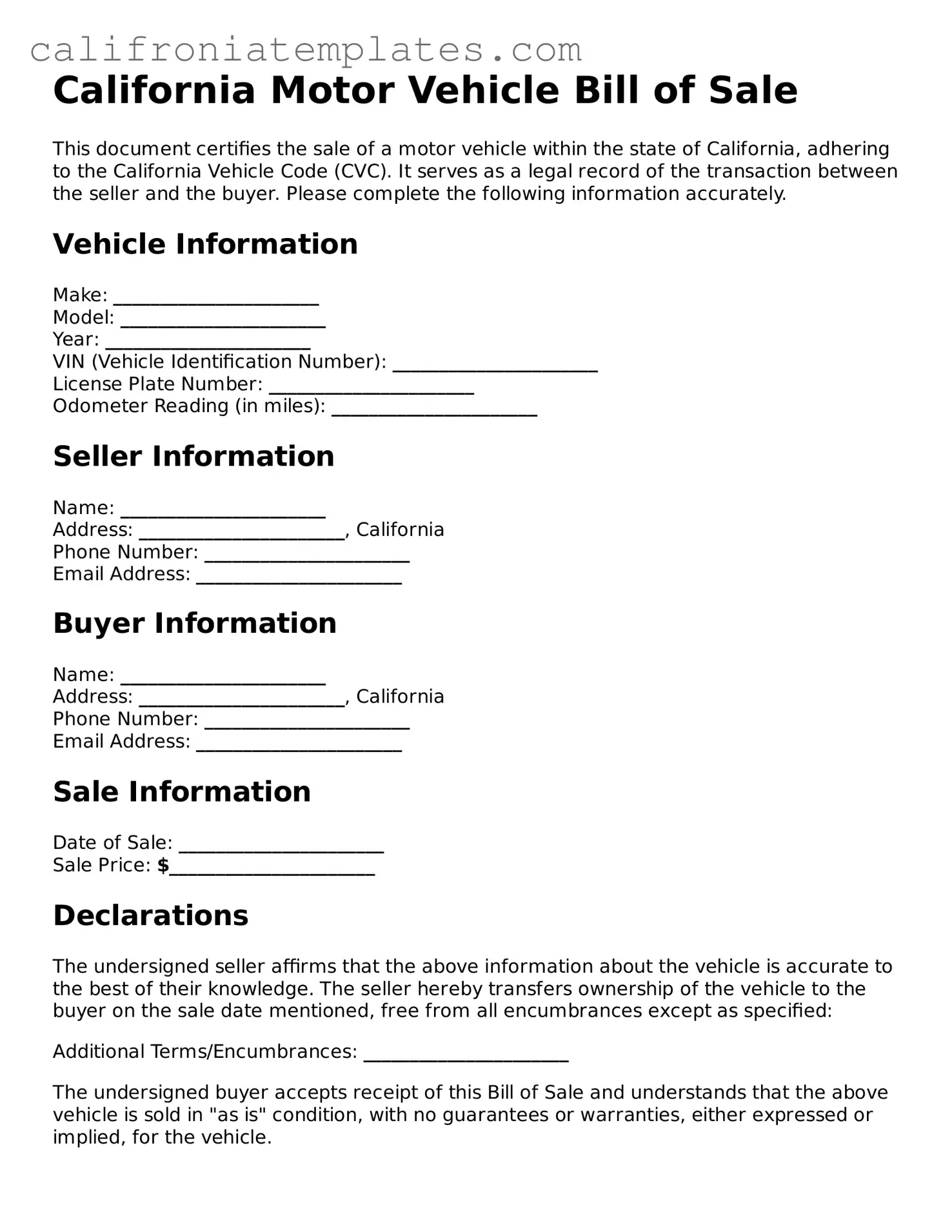 Fillable  Motor Vehicle Bill of Sale Template for California