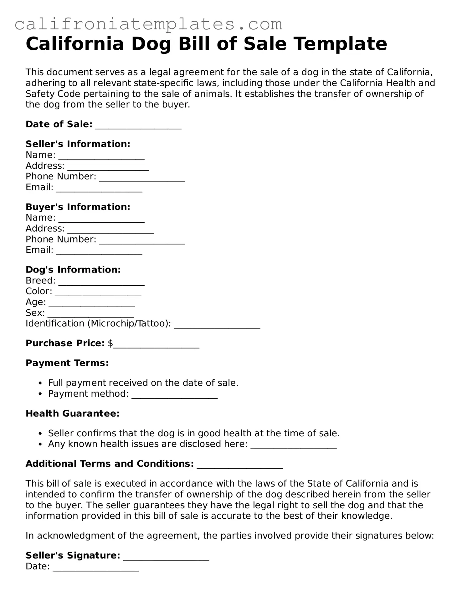 Fillable  Dog Bill of Sale Template for California