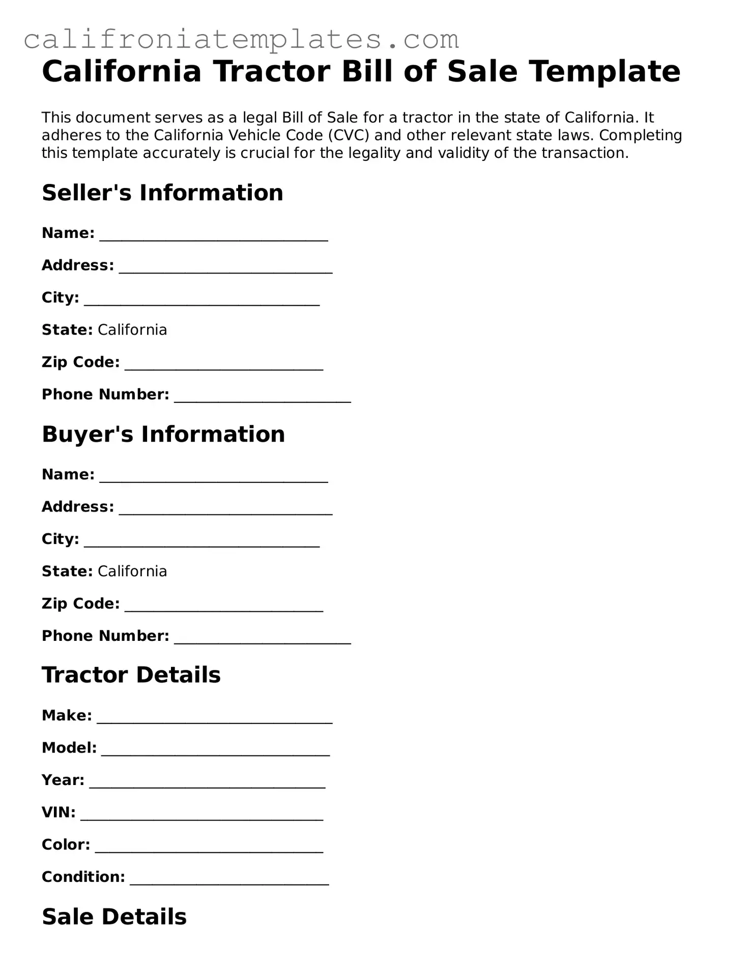 Fillable  Tractor Bill of Sale Template for California