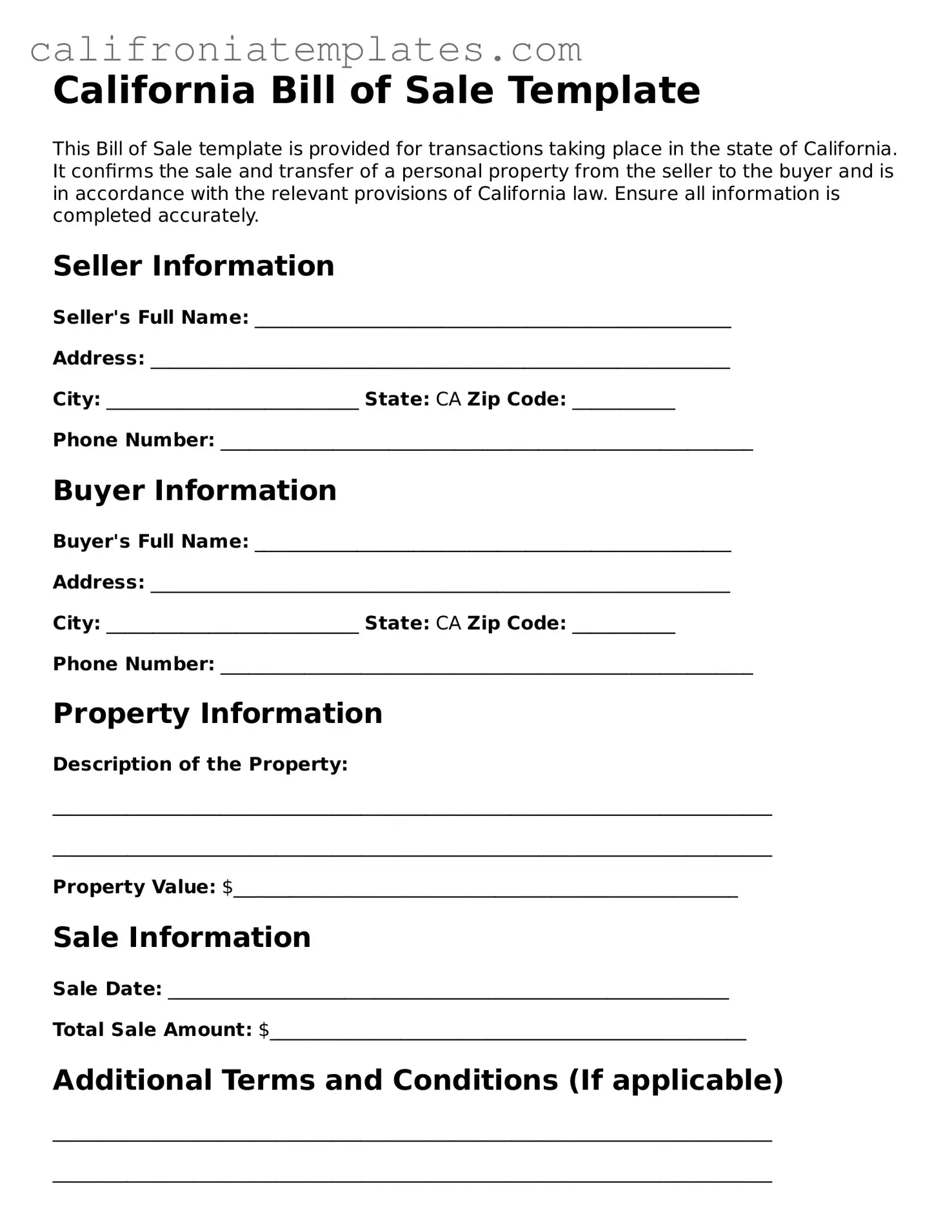 Fillable  Bill of Sale Template for California