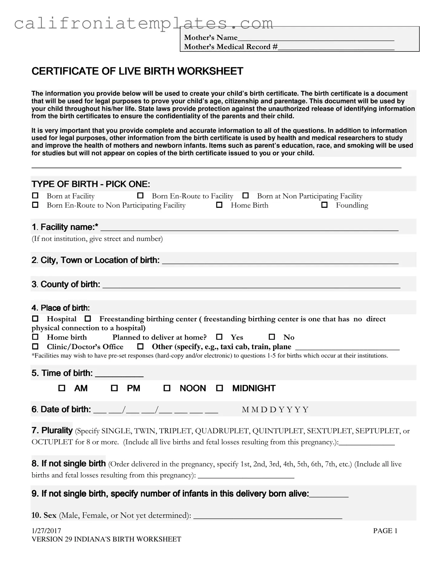 Fill Out a Valid California Birth Certificate Editable Free Template