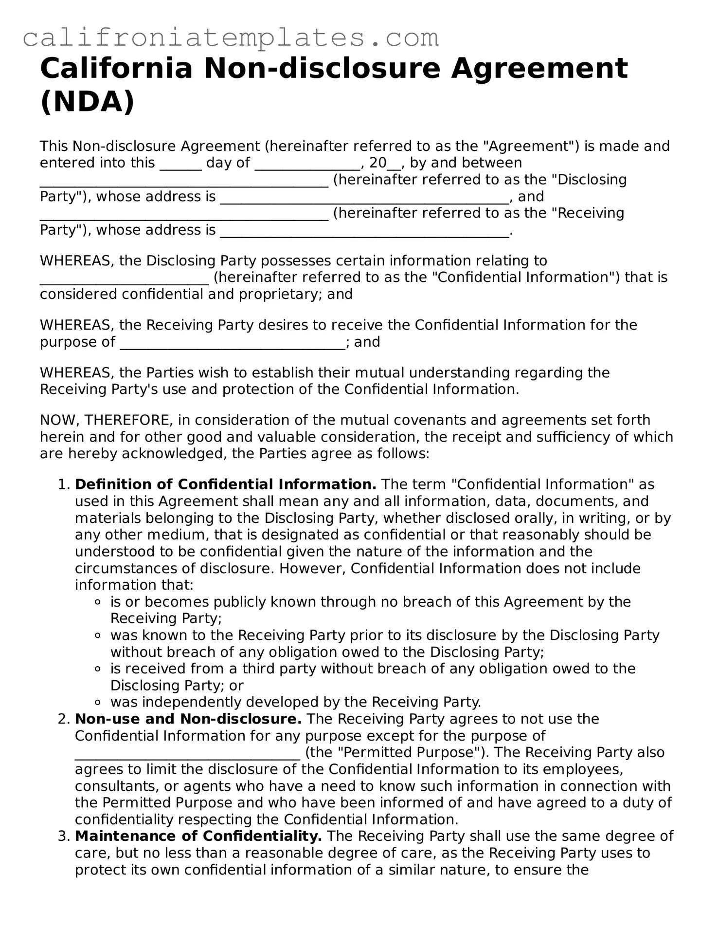 Fillable  Non-disclosure Agreement Template for California
