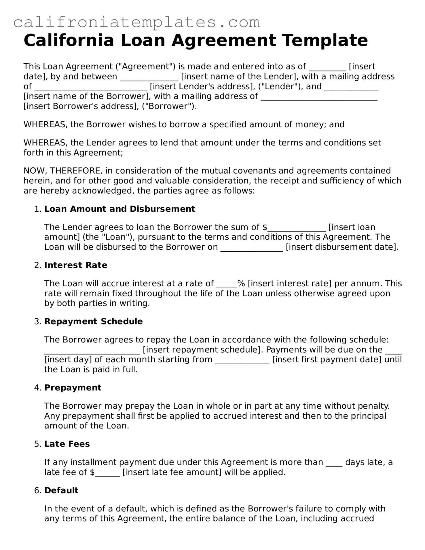Fillable  Loan Agreement Template for California
