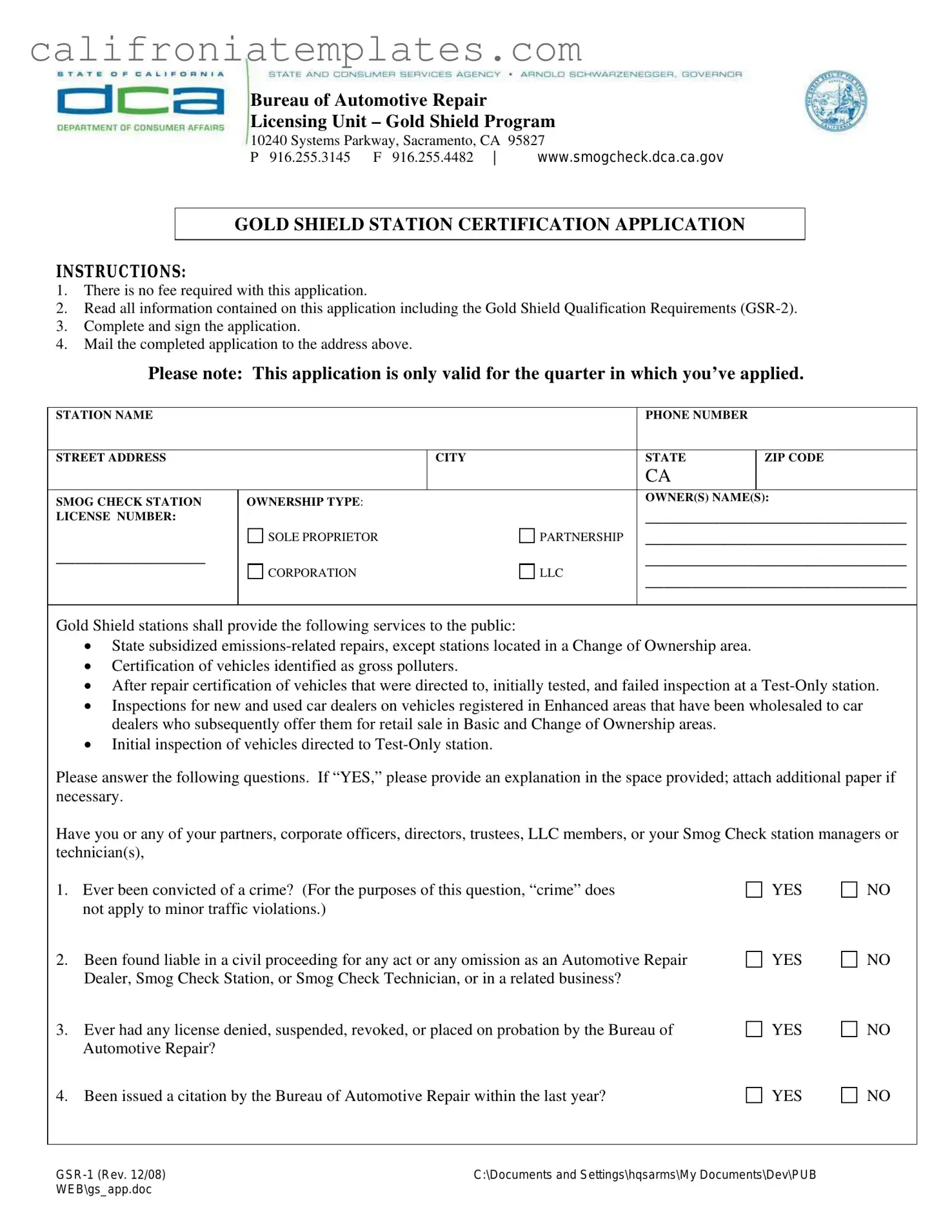 Fill Out a Valid California Dca Gsr 1 Template