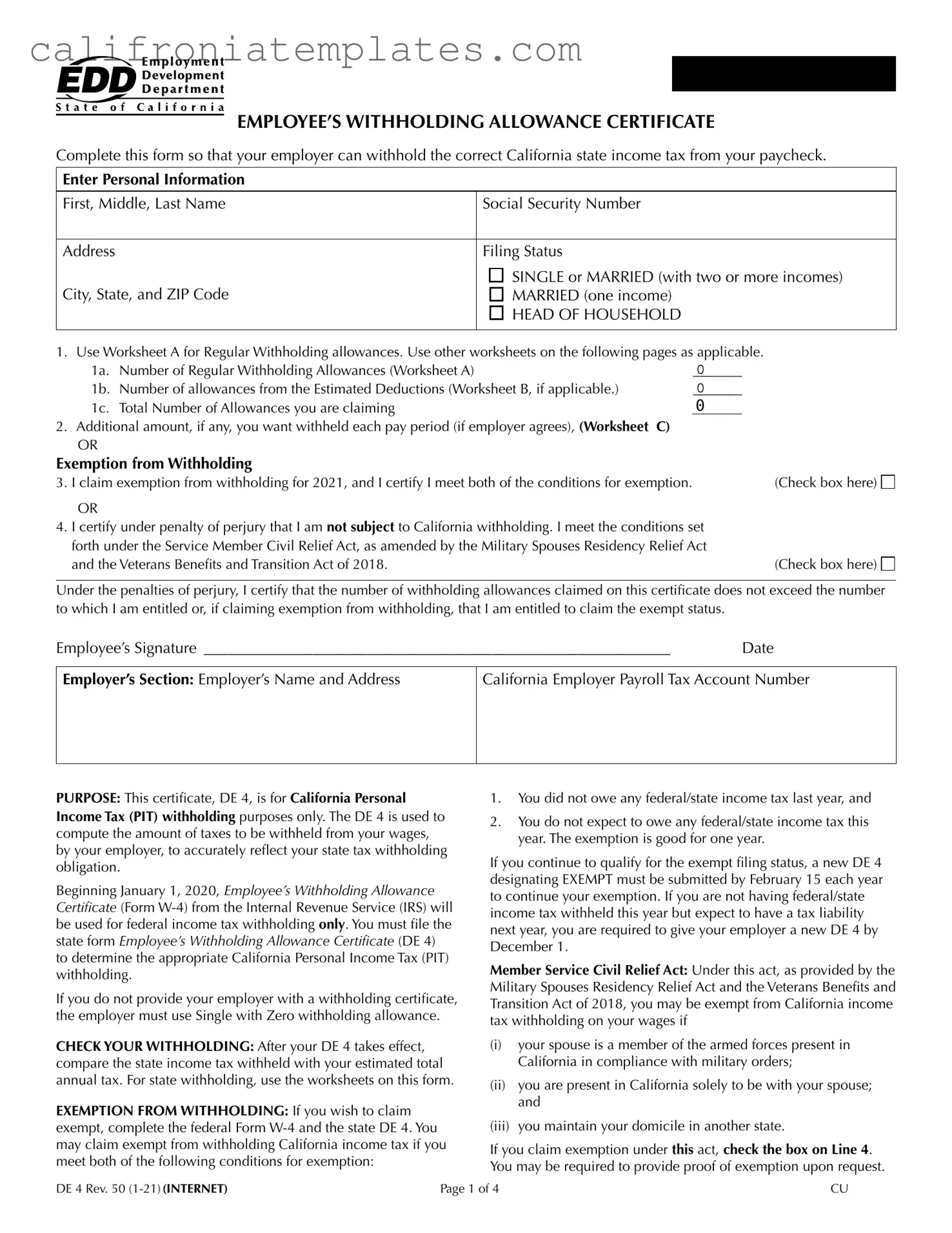 Fill Out a Valid California De 4 Template