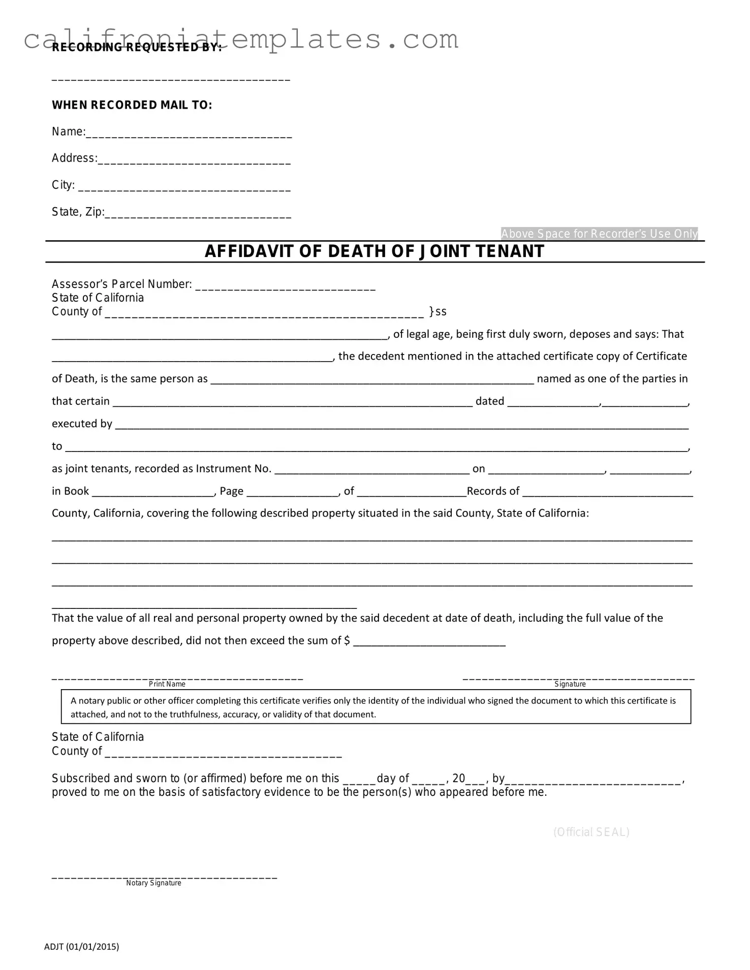 Fill Out a Valid California Death of a Joint Tenant Affidavit Template