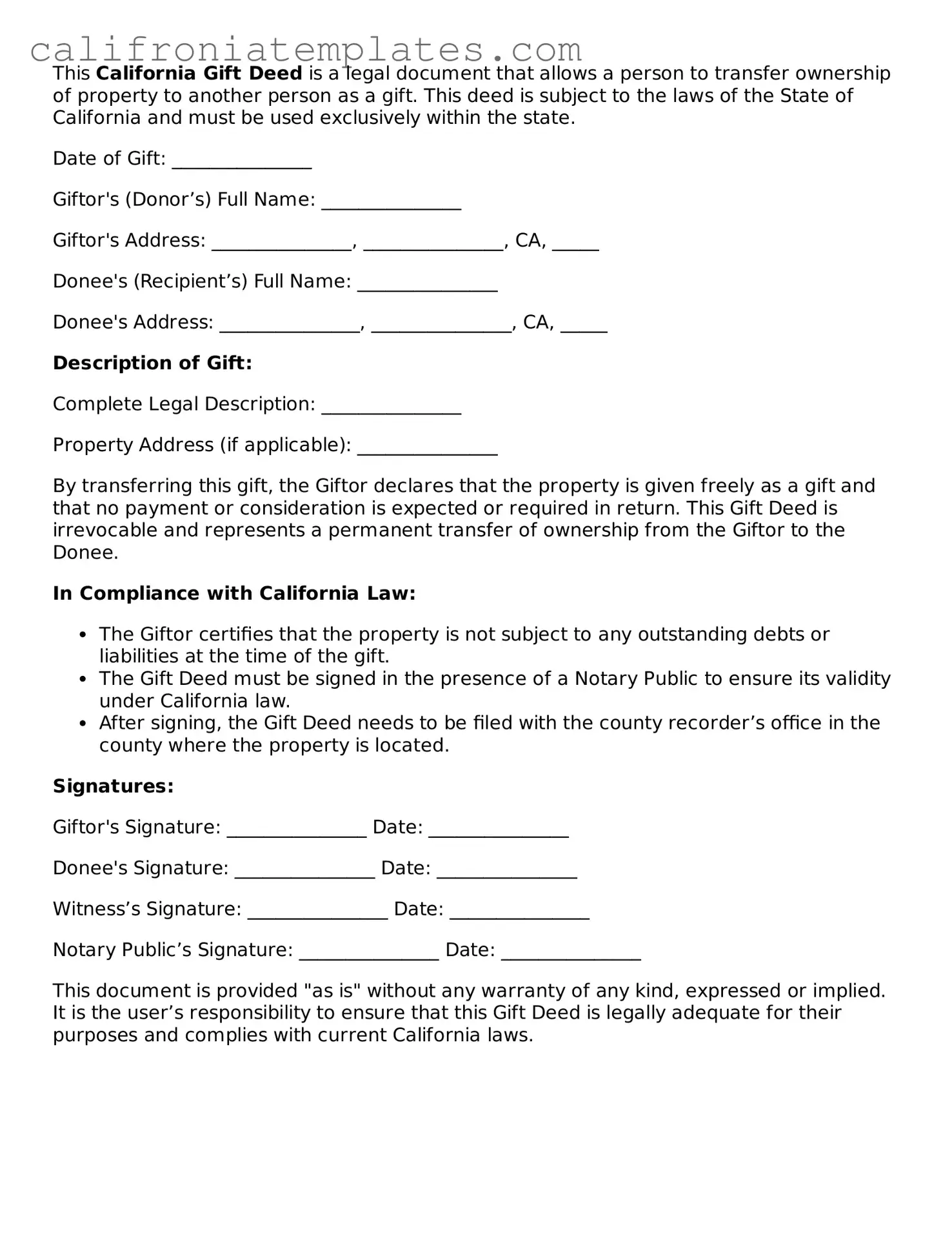 Fillable  Gift Deed Template for California