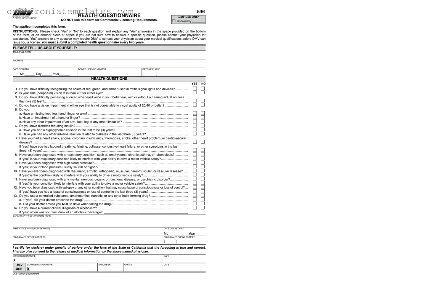 Fill Out a Valid California Dmv Dl 546 Template