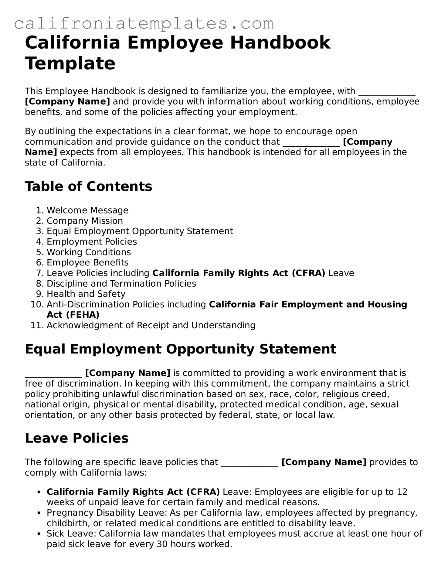 Fillable  Employee Handbook Template for California