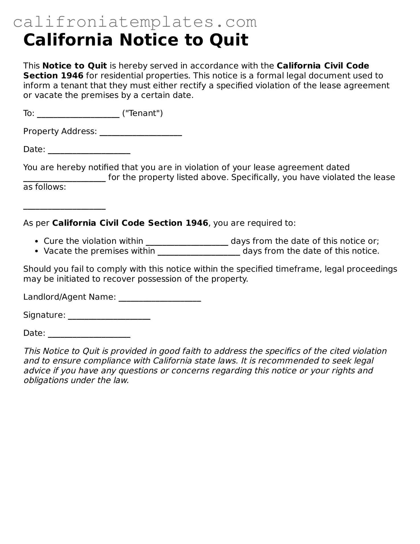 Fillable  Notice to Quit Template for California