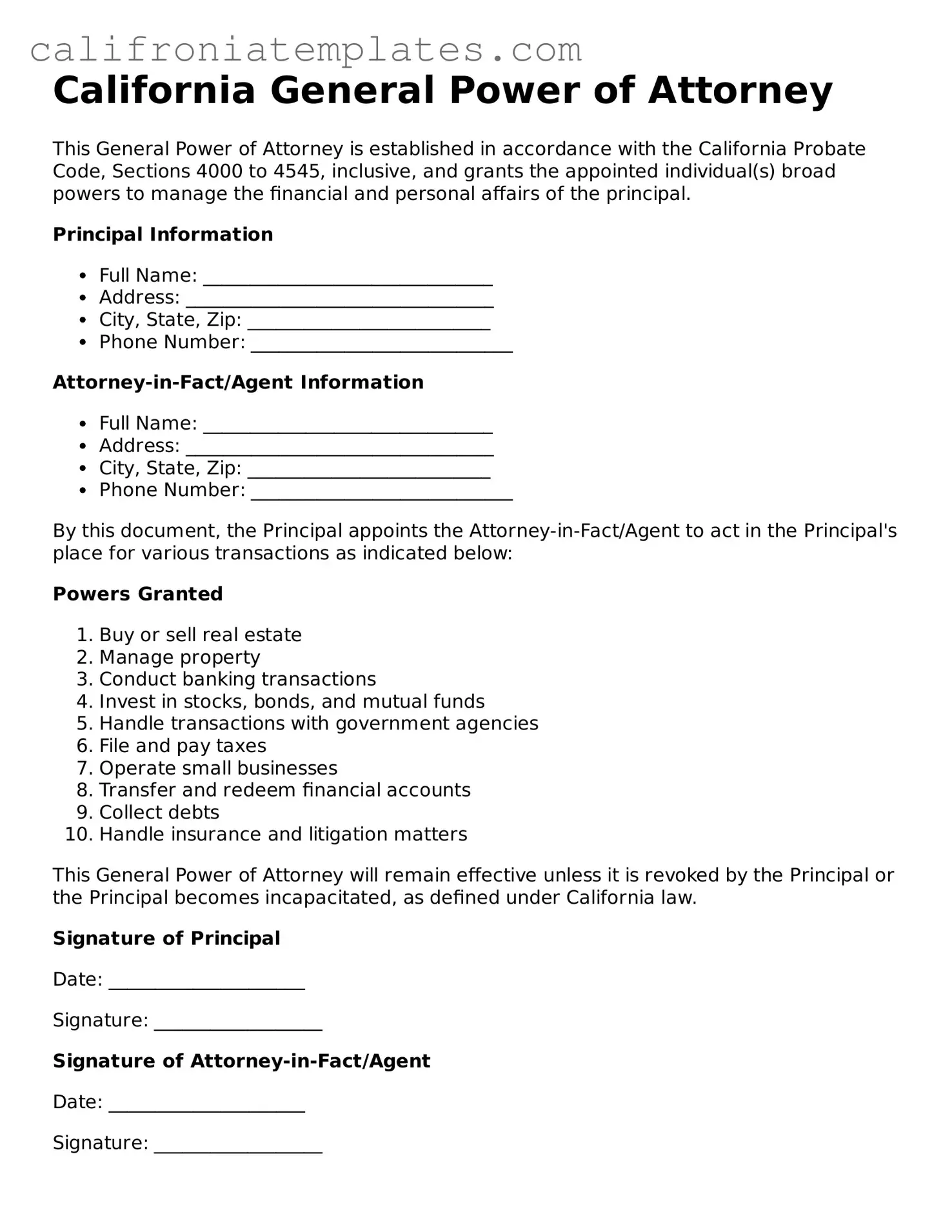 Fillable  General Power of Attorney Template for California