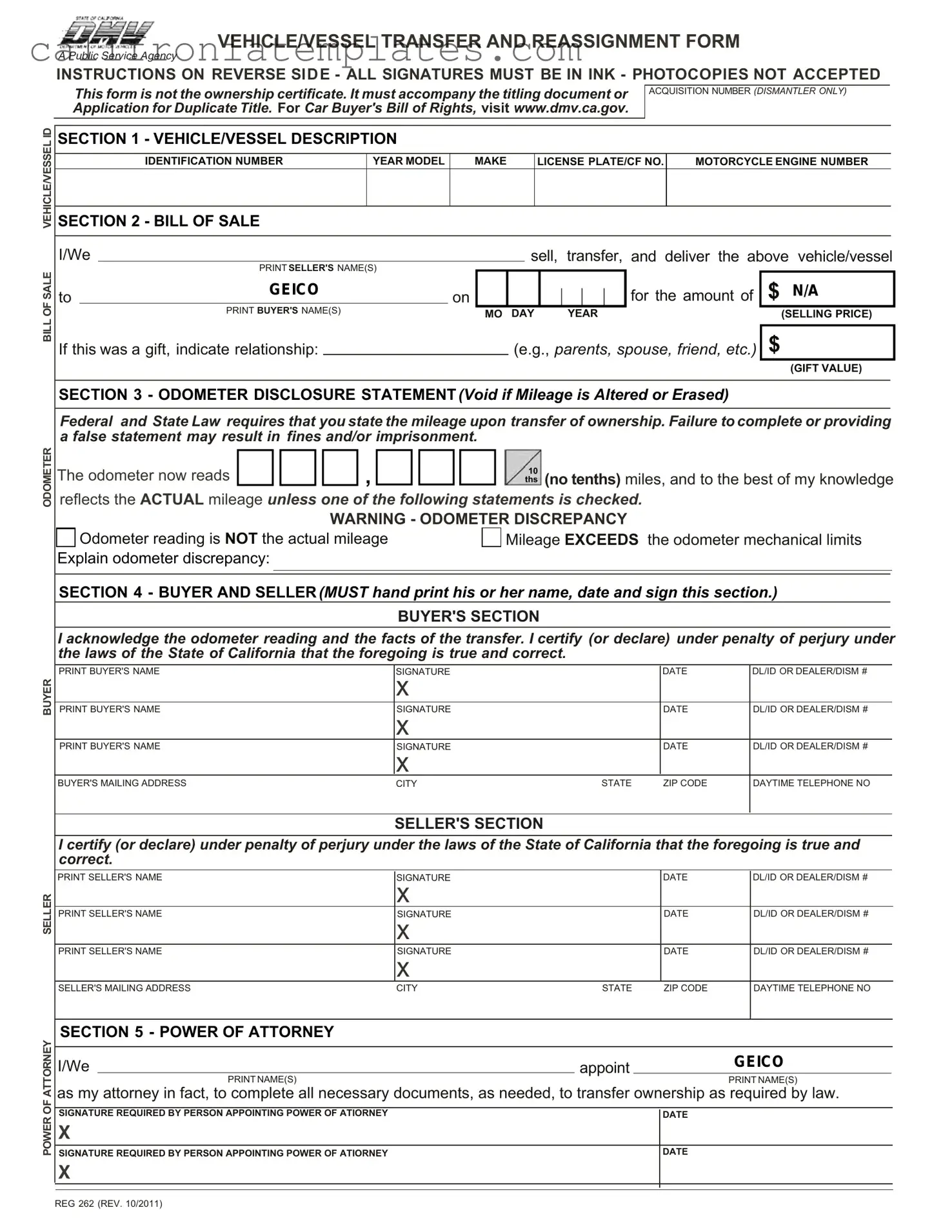 Ca Dmv Bill Of Sale Reg 262