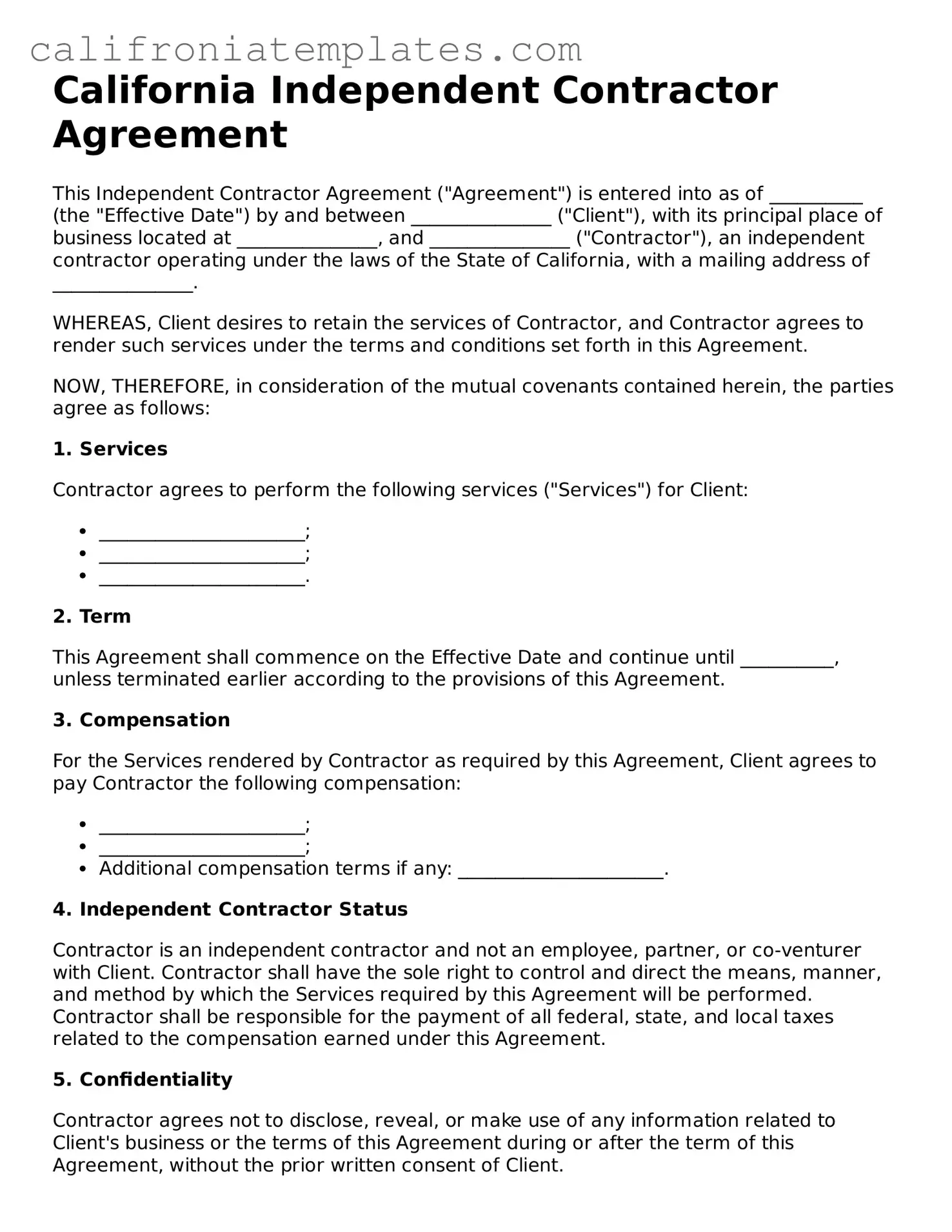 Fillable  Independent Contractor Agreement Template for California