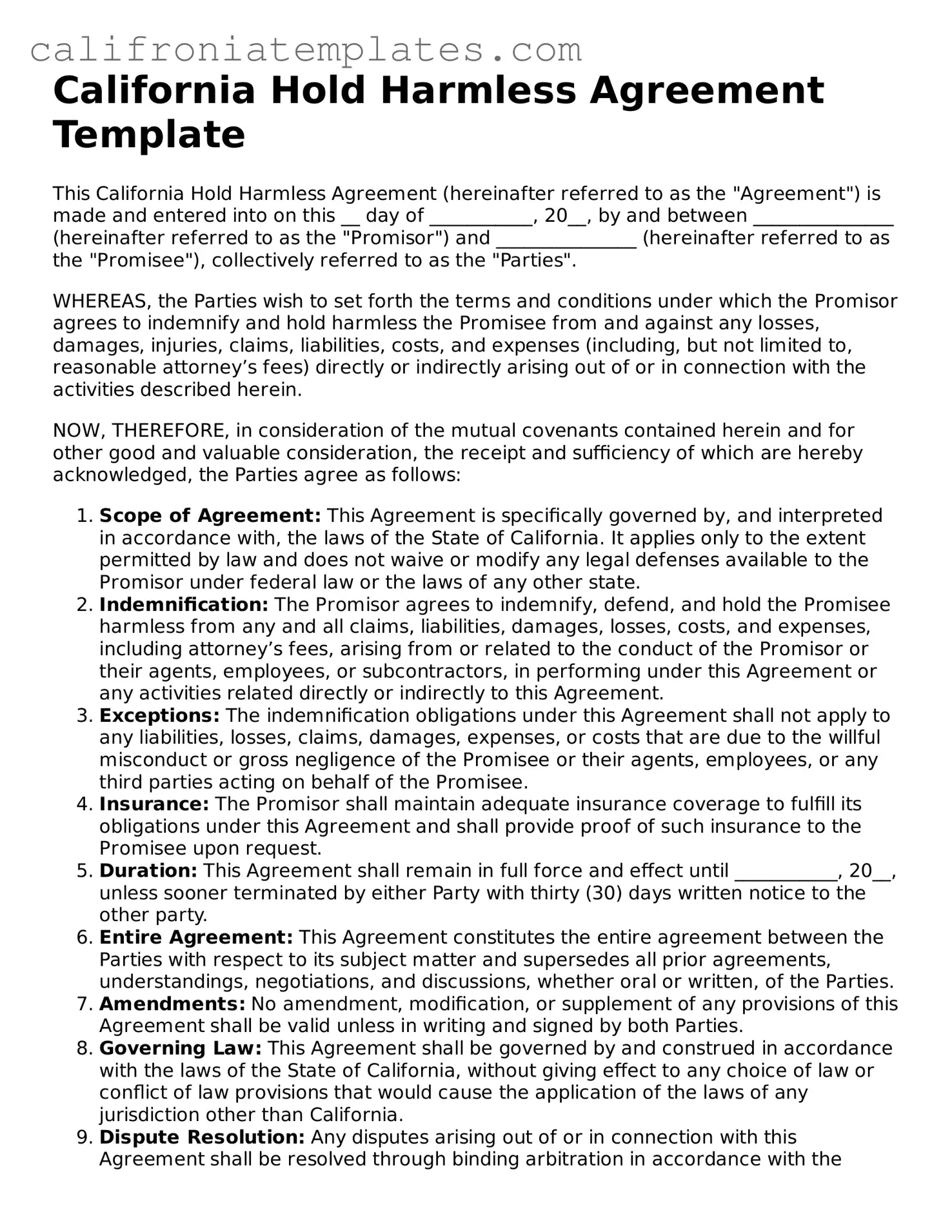 Fillable  Hold Harmless Agreement Template for California