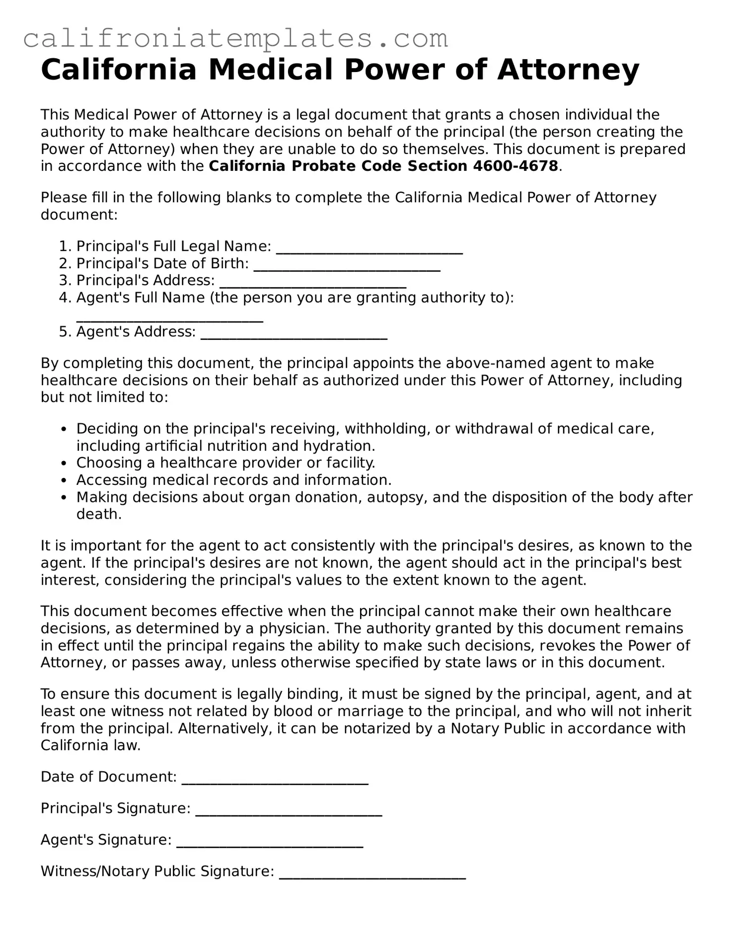Fillable  Medical Power of Attorney Template for California