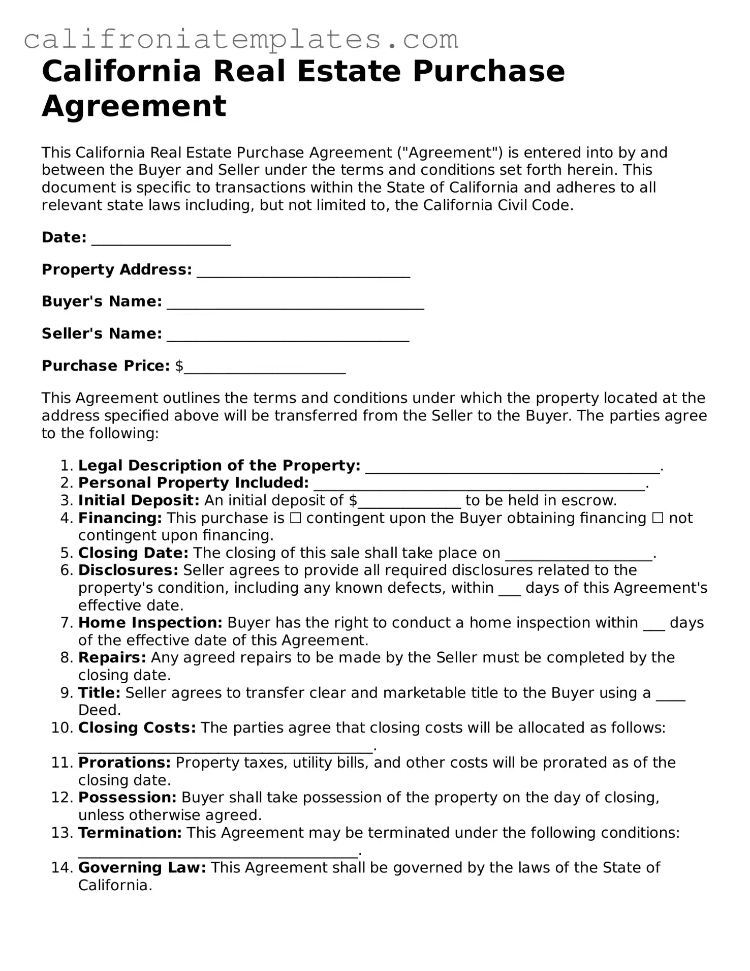 Fillable  Real Estate Purchase Agreement Template for California