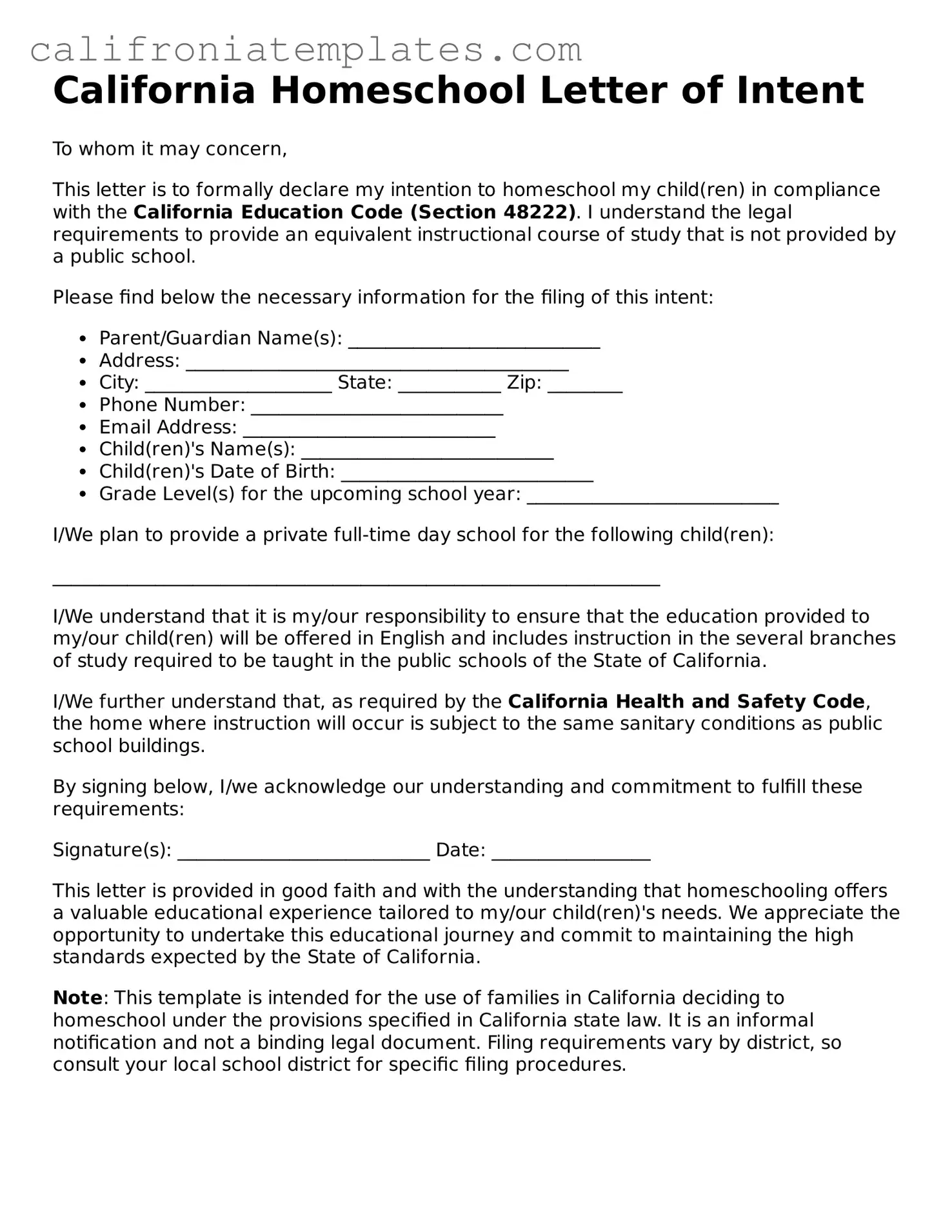 Fillable  Homeschool Letter of Intent Template for California