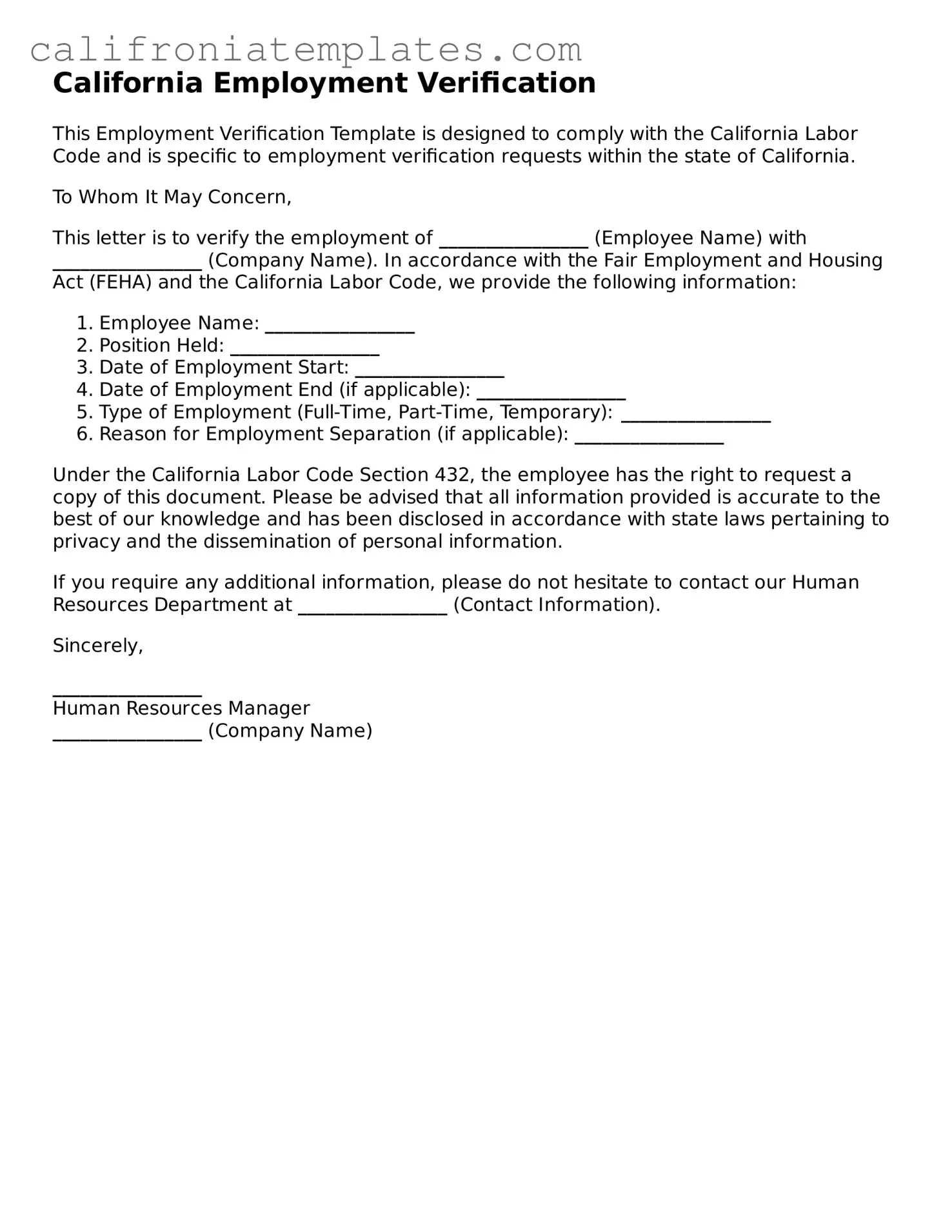 Fillable  Employment Verification Template for California