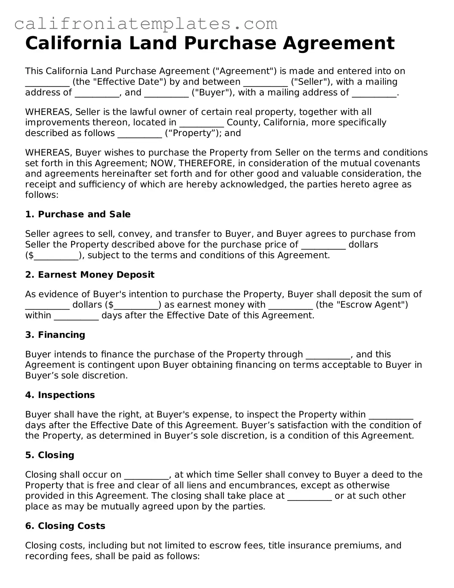 Fillable  Land Purchase Agreement Template for California