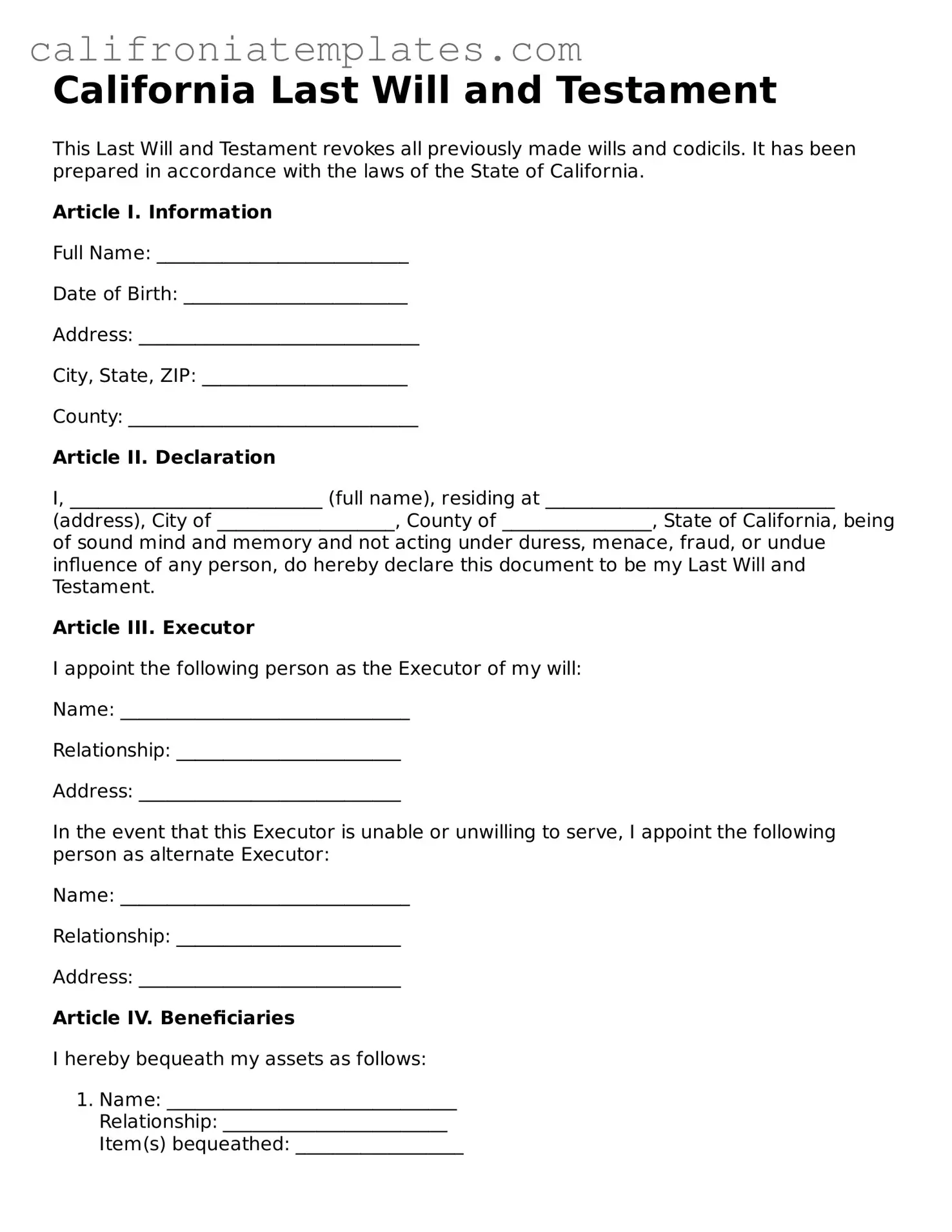 Fillable  Last Will and Testament Template for California