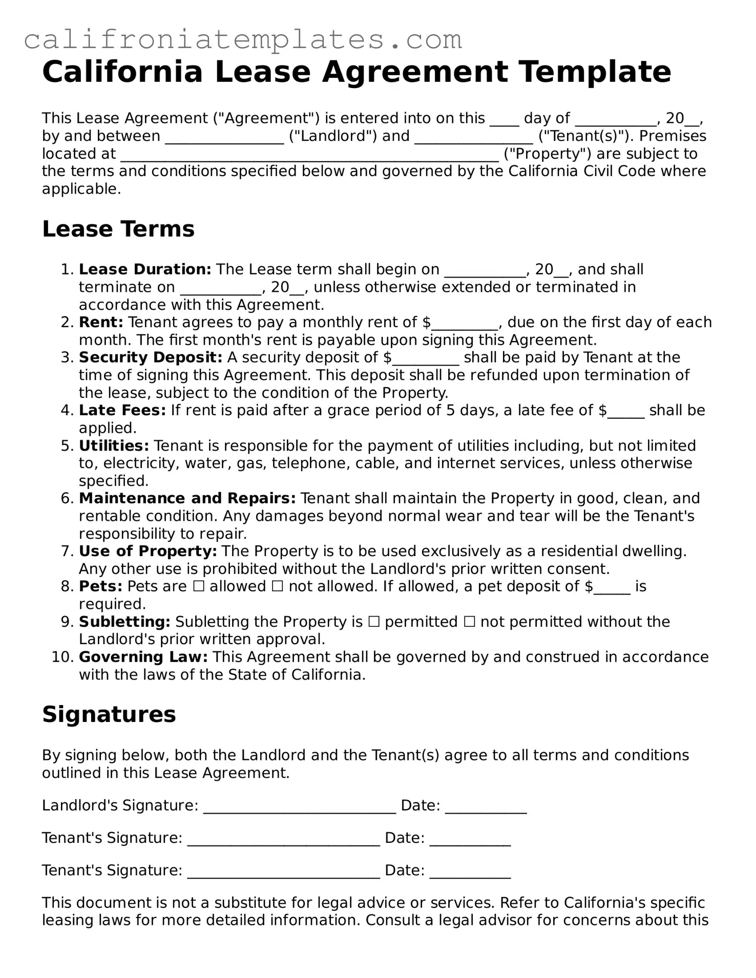 Fillable  Lease Agreement Template for California