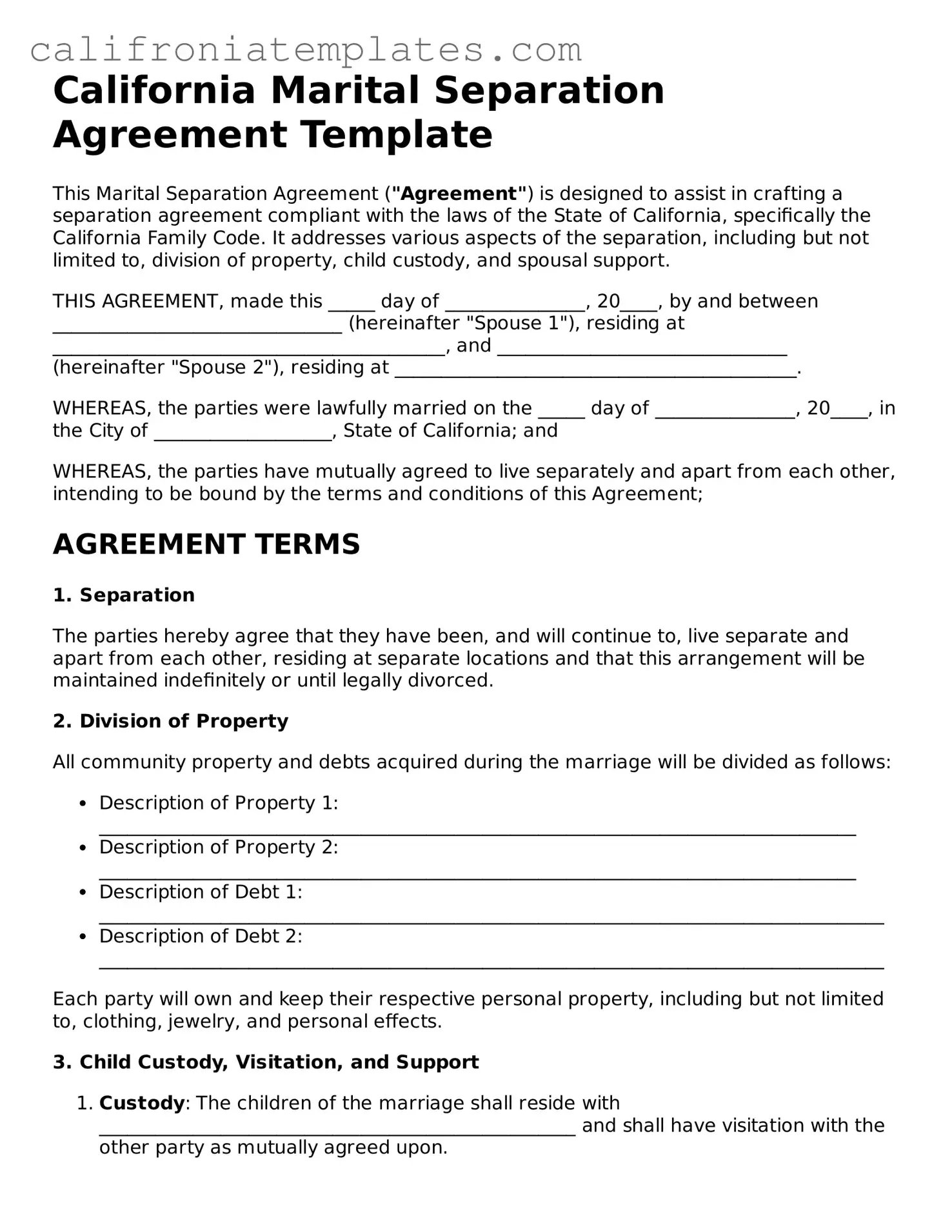 Fillable  Marital Separation Agreement Template for California