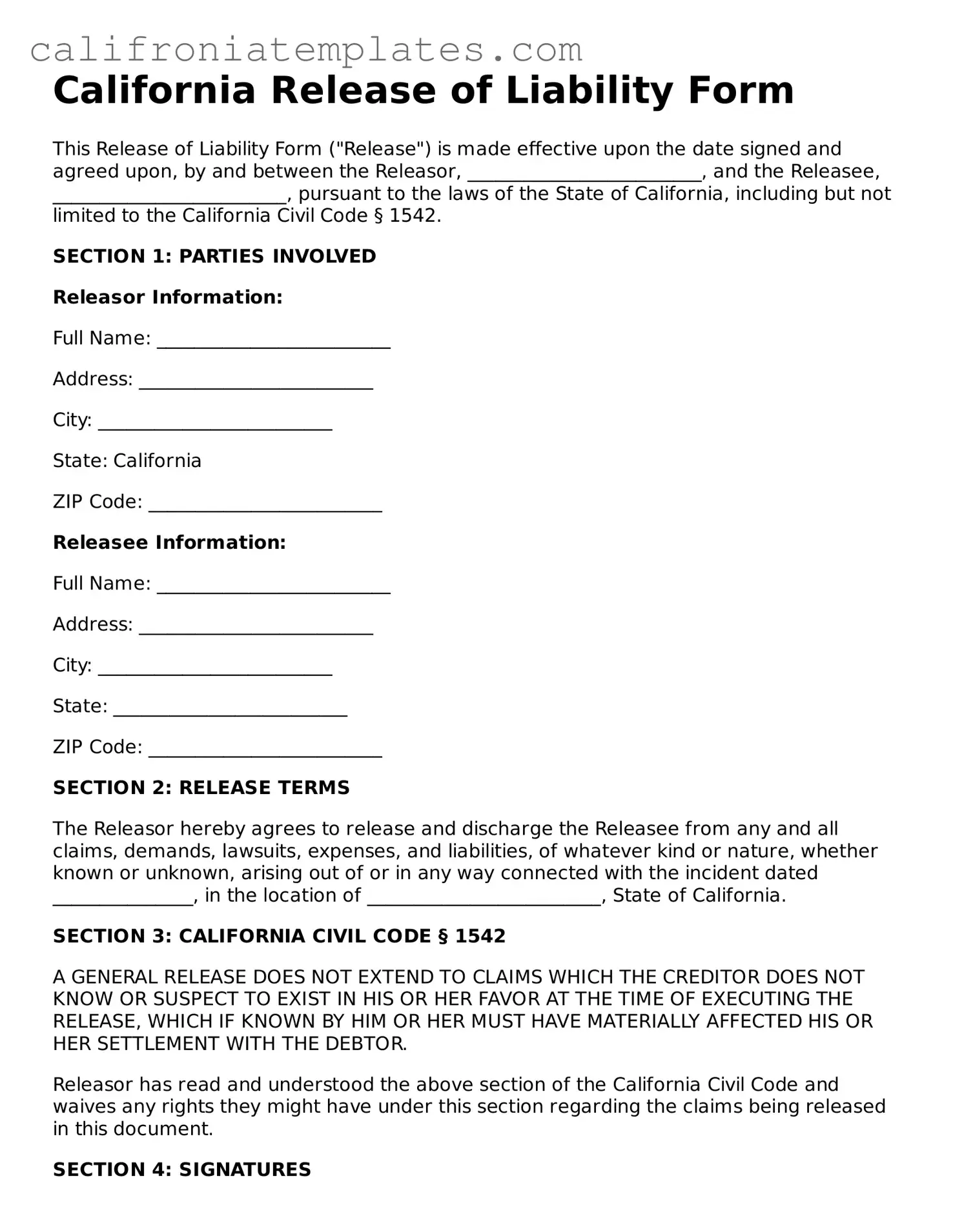 Fillable  Release of Liability Template for California