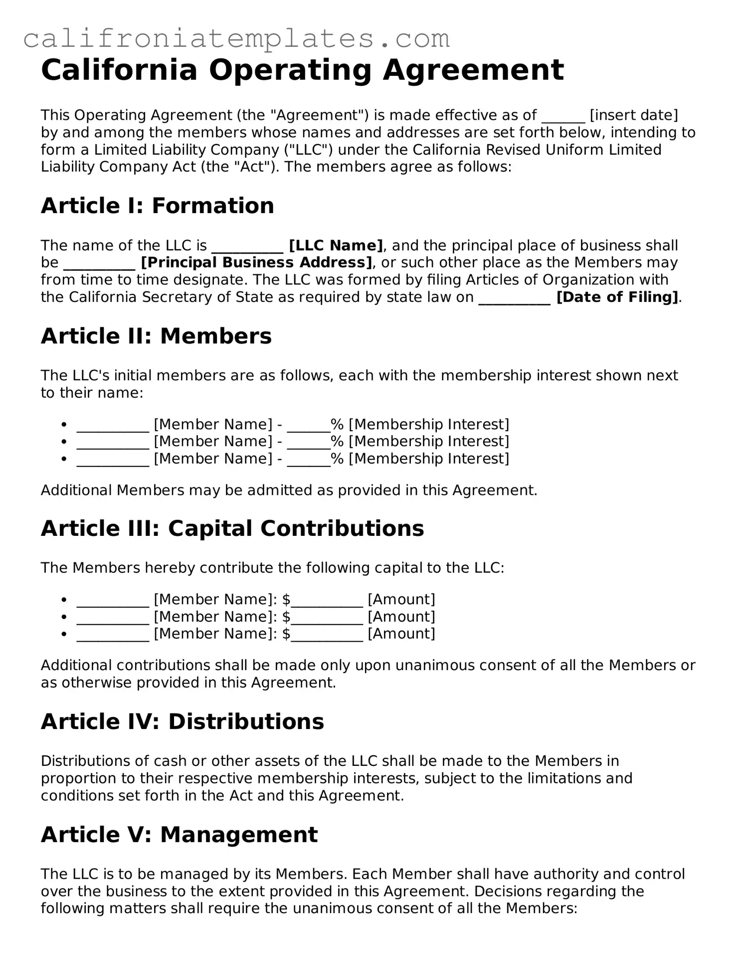 Fillable  Operating Agreement Template for California