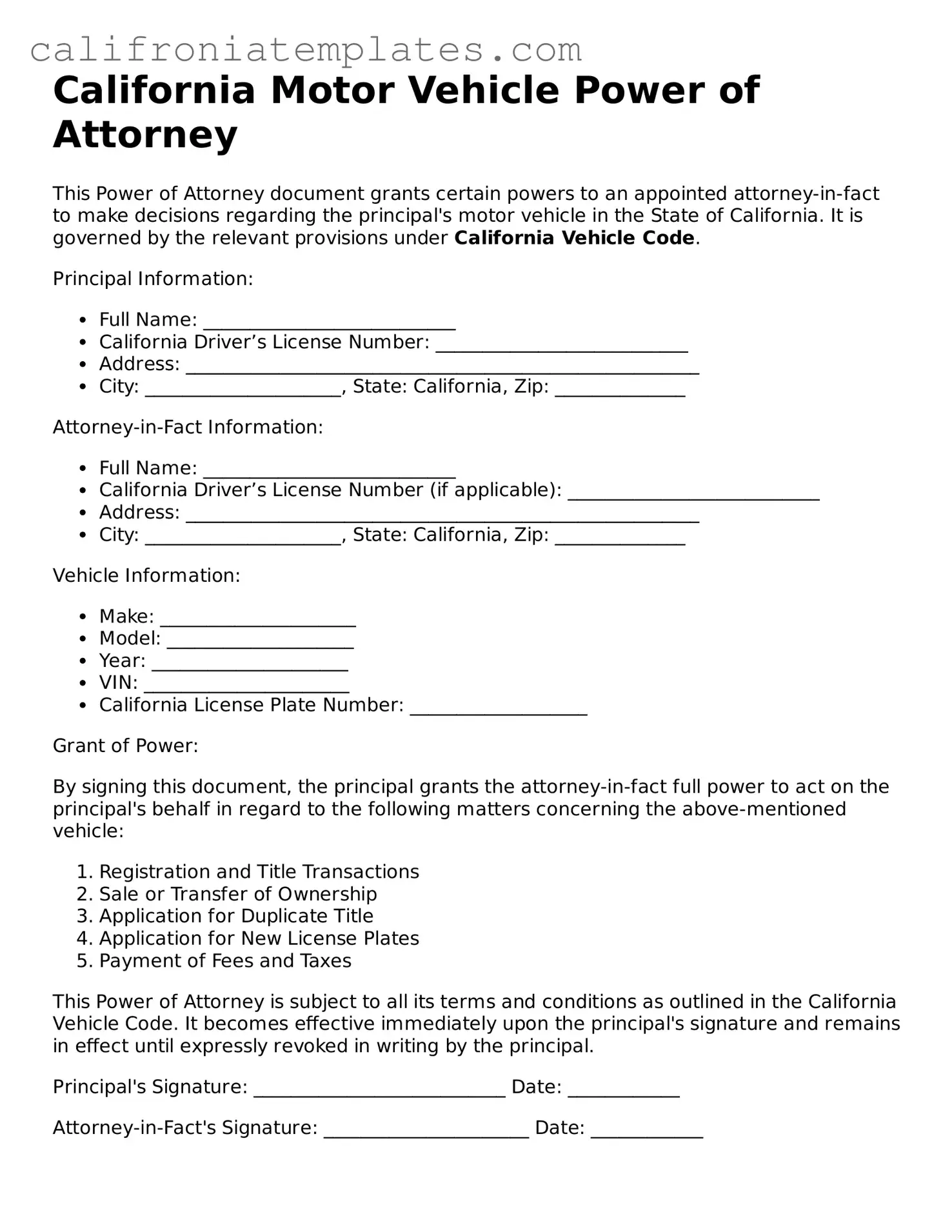 Fillable  Motor Vehicle Power of Attorney Template for California
